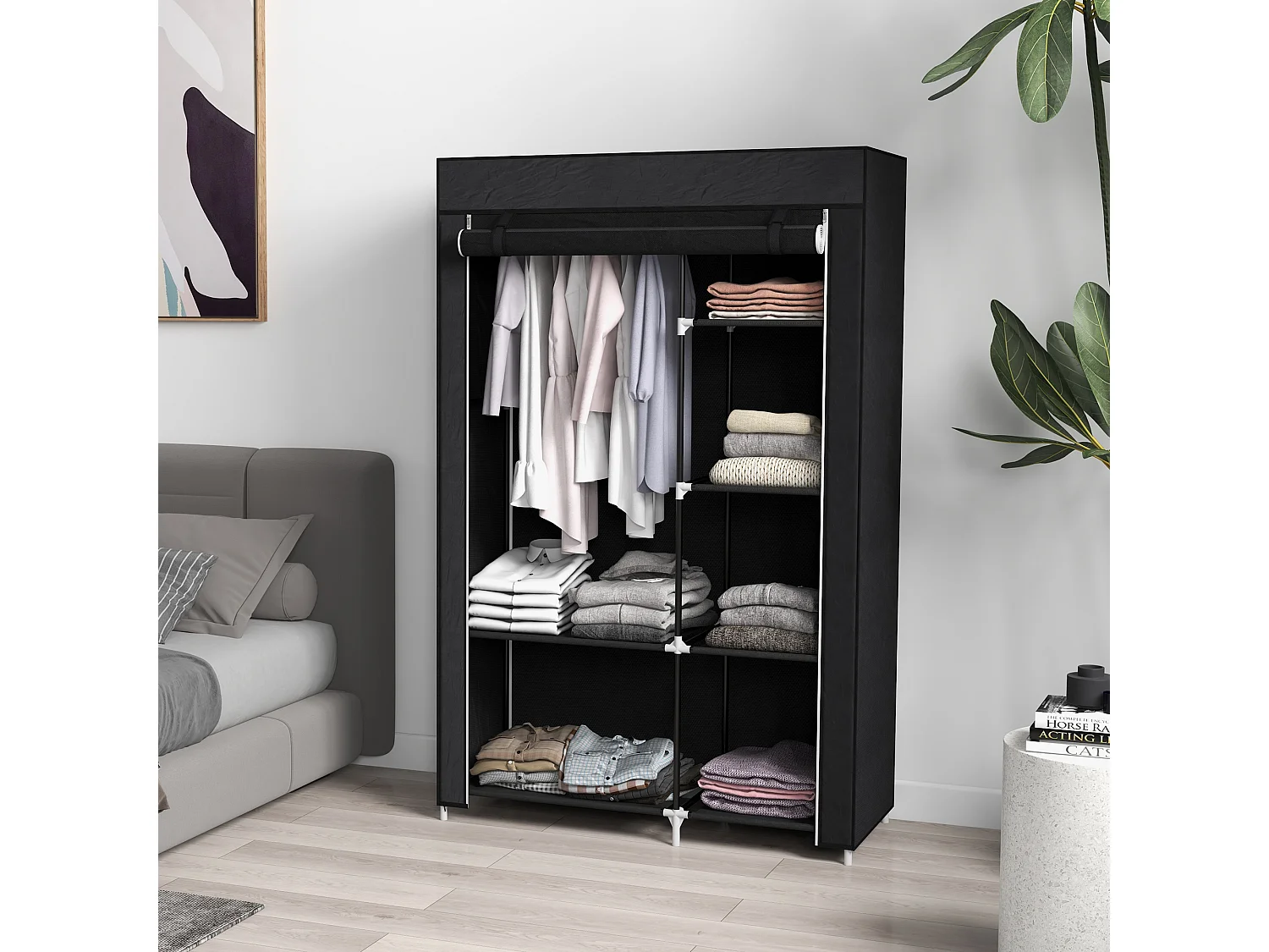 Armoire penderie multi-rangement - 6 étagères, 1 barre - dim. 103L x 43l x 162,5H cm - acier noir non tissé noir