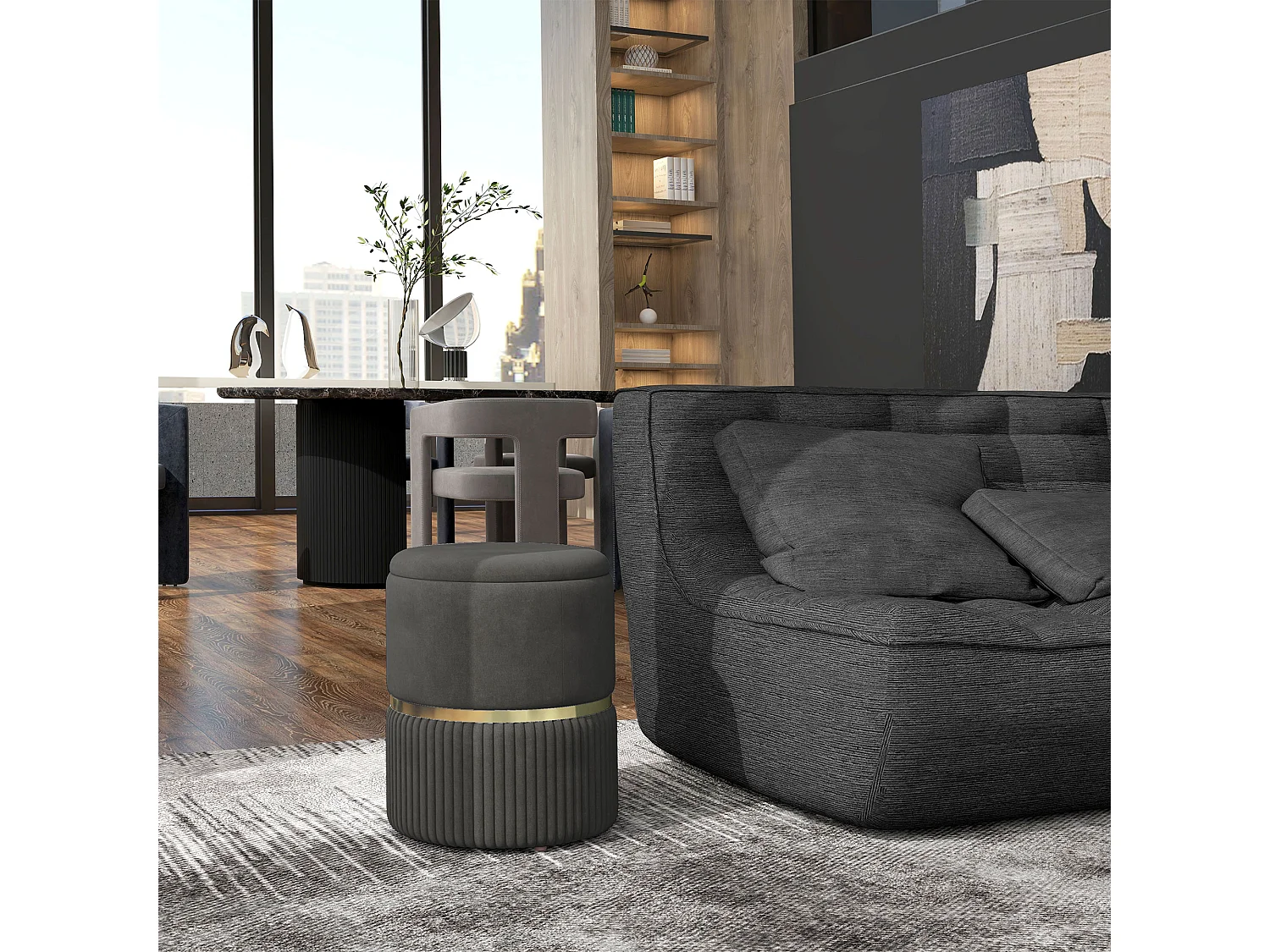 Pouf repose-pied tabouret design avec coffre de rangement velours côtelé acier brossé doré gris