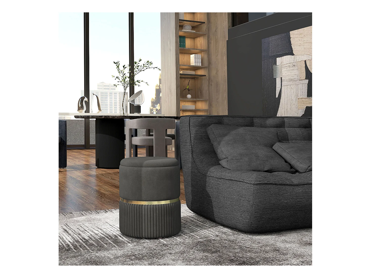 Pouf repose-pied tabouret design avec coffre de rangement velours côtelé acier brossé doré gris