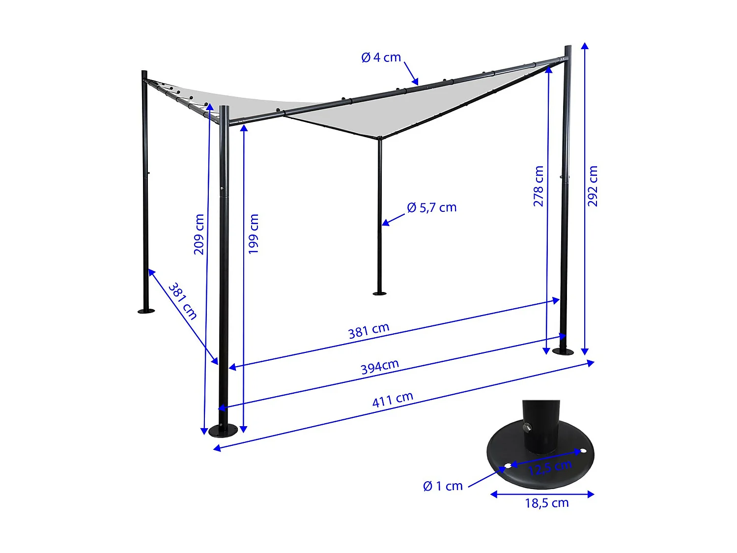 Gazebo pergola MCW-A41 acciaio poliestere 4x4m azzurro