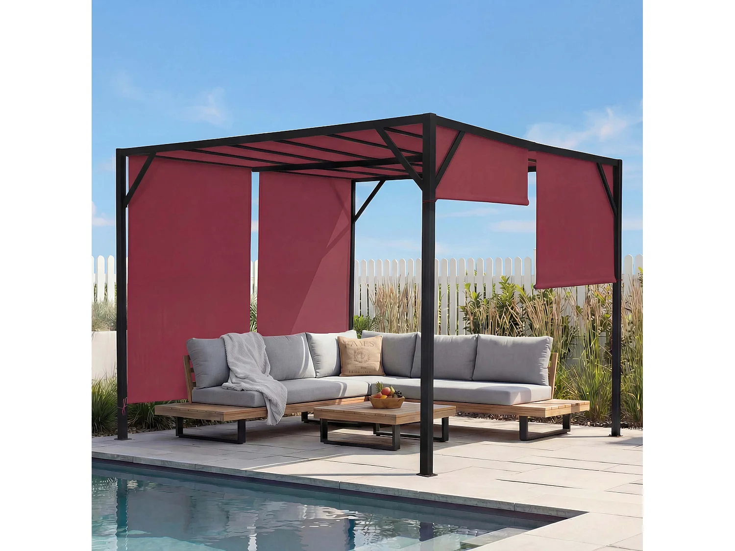 Pergola Baia, Garten Pavillon Terrassenüberdachung, stabiles 6cm-Stahl-Gestell + Schiebedach bordeaux-rot, 3x3m