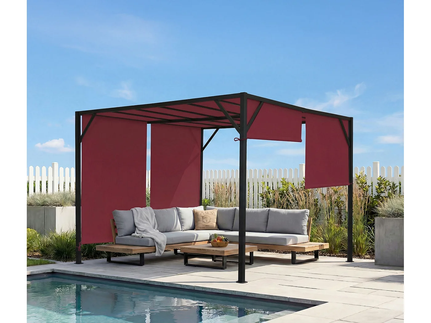 Pergola Baia, Garten Pavillon Terrassenüberdachung, stabiles 6cm-Stahl-Gestell + Schiebedach bordeaux-rot, 3x3m