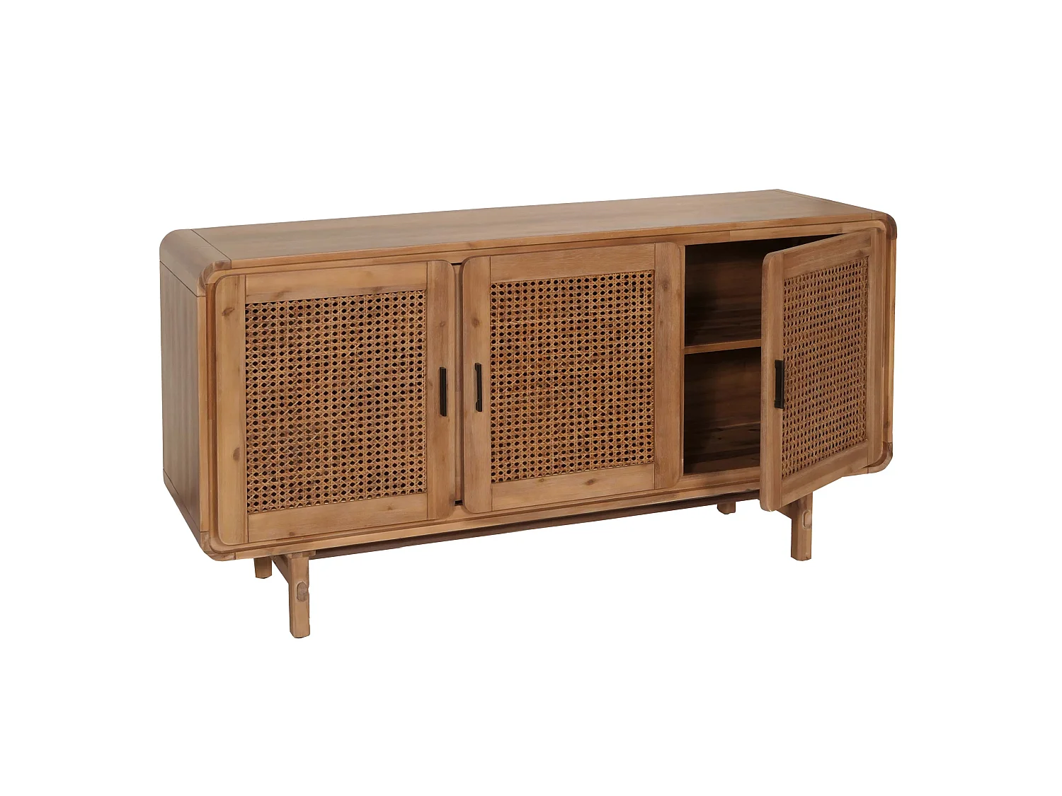 Sideboard MCW-M47, Schrank Kommode Highboard Anrichte, Staufächer, Rattan Akazie Massiv-Holz gebeizt 82x160x45cm 38kg