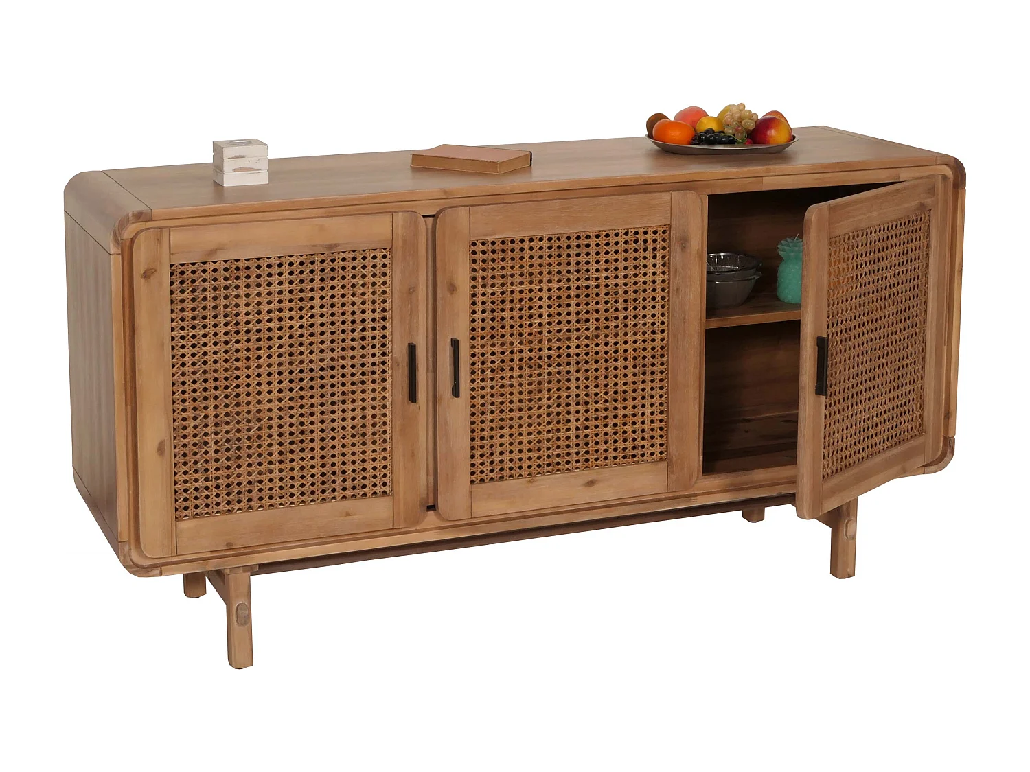 Sideboard MCW-M47, Schrank Kommode Highboard Anrichte, Staufächer, Rattan Akazie Massiv-Holz gebeizt 82x160x45cm 38kg