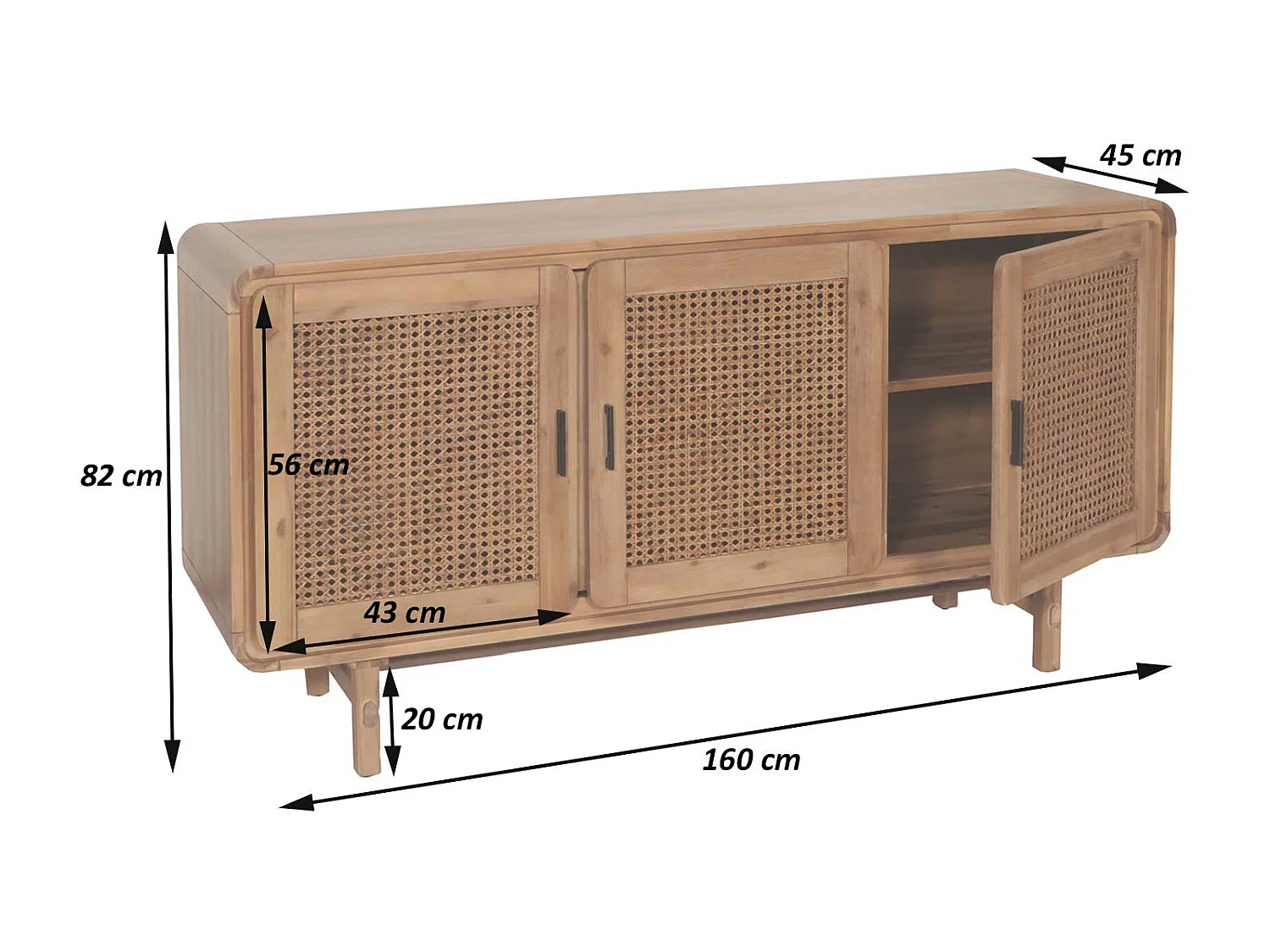 Sideboard MCW-M47, Schrank Kommode Highboard Anrichte, Staufächer, Rattan Akazie Massiv-Holz gebeizt 82x160x45cm 38kg