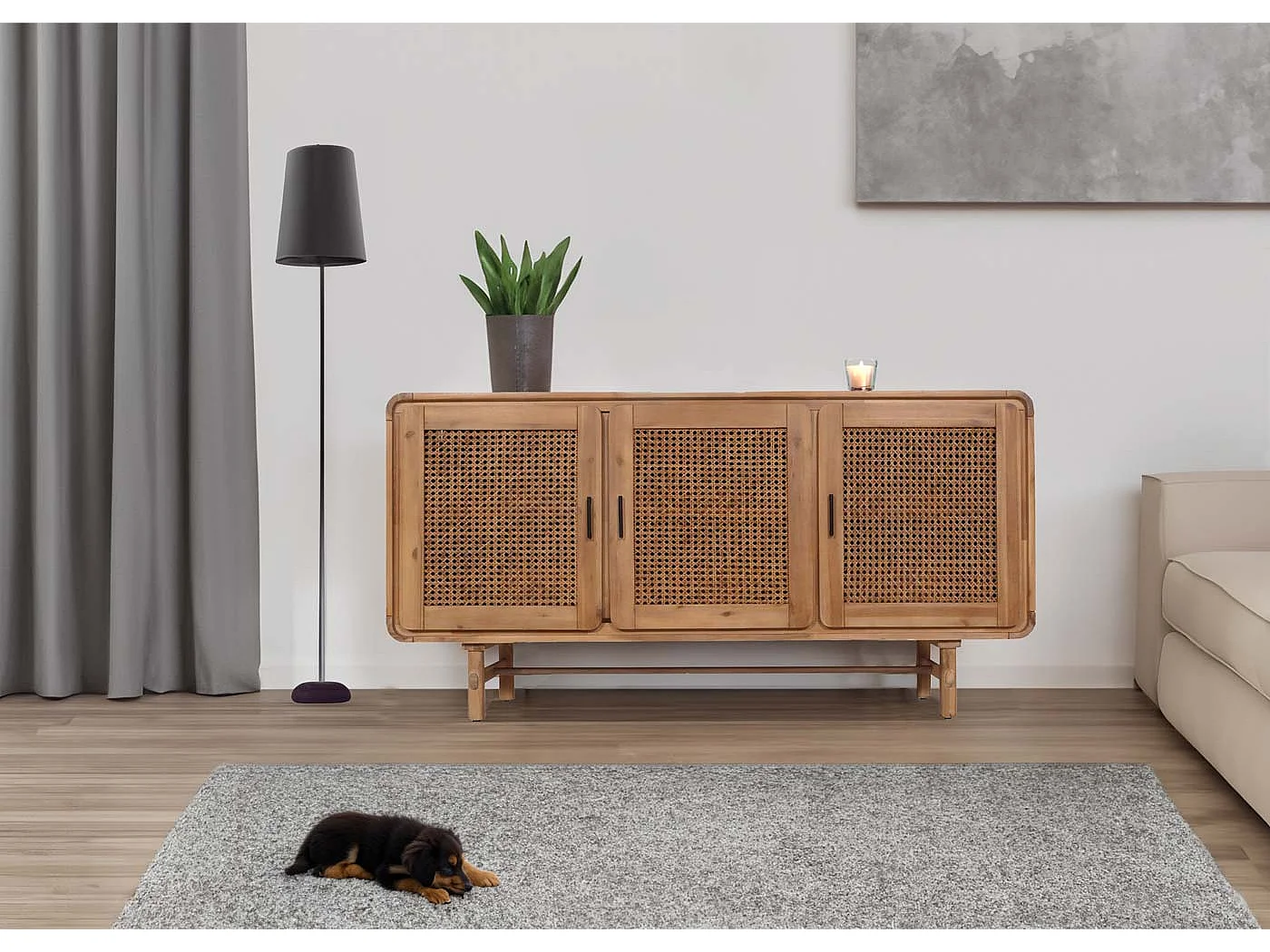 Sideboard MCW-M47, Schrank Kommode Highboard Anrichte, Staufächer, Rattan Akazie Massiv-Holz gebeizt 82x160x45cm 38kg