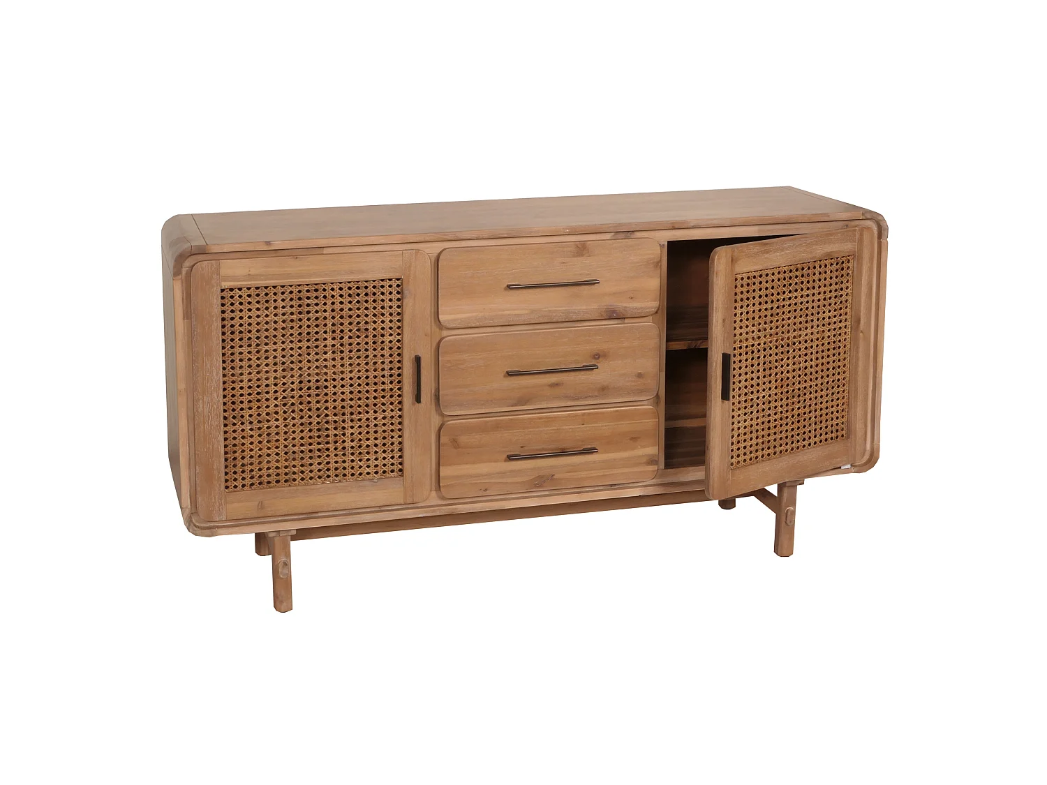 Sideboard MCW-M47, Schrank Kommode Highboard, Staufächer Schublade, Rattan Akazie Massiv-Holz gebeizt 83x160x45cm 47kg