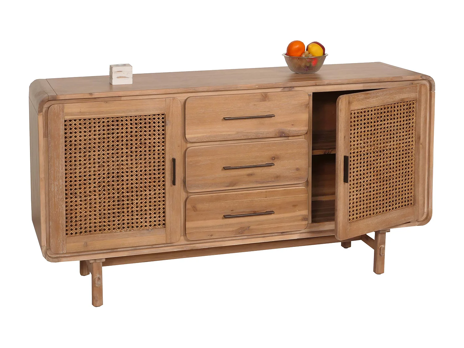 Sideboard MCW-M47, Schrank Kommode Highboard, Staufächer Schublade, Rattan Akazie Massiv-Holz gebeizt 83x160x45cm 47kg