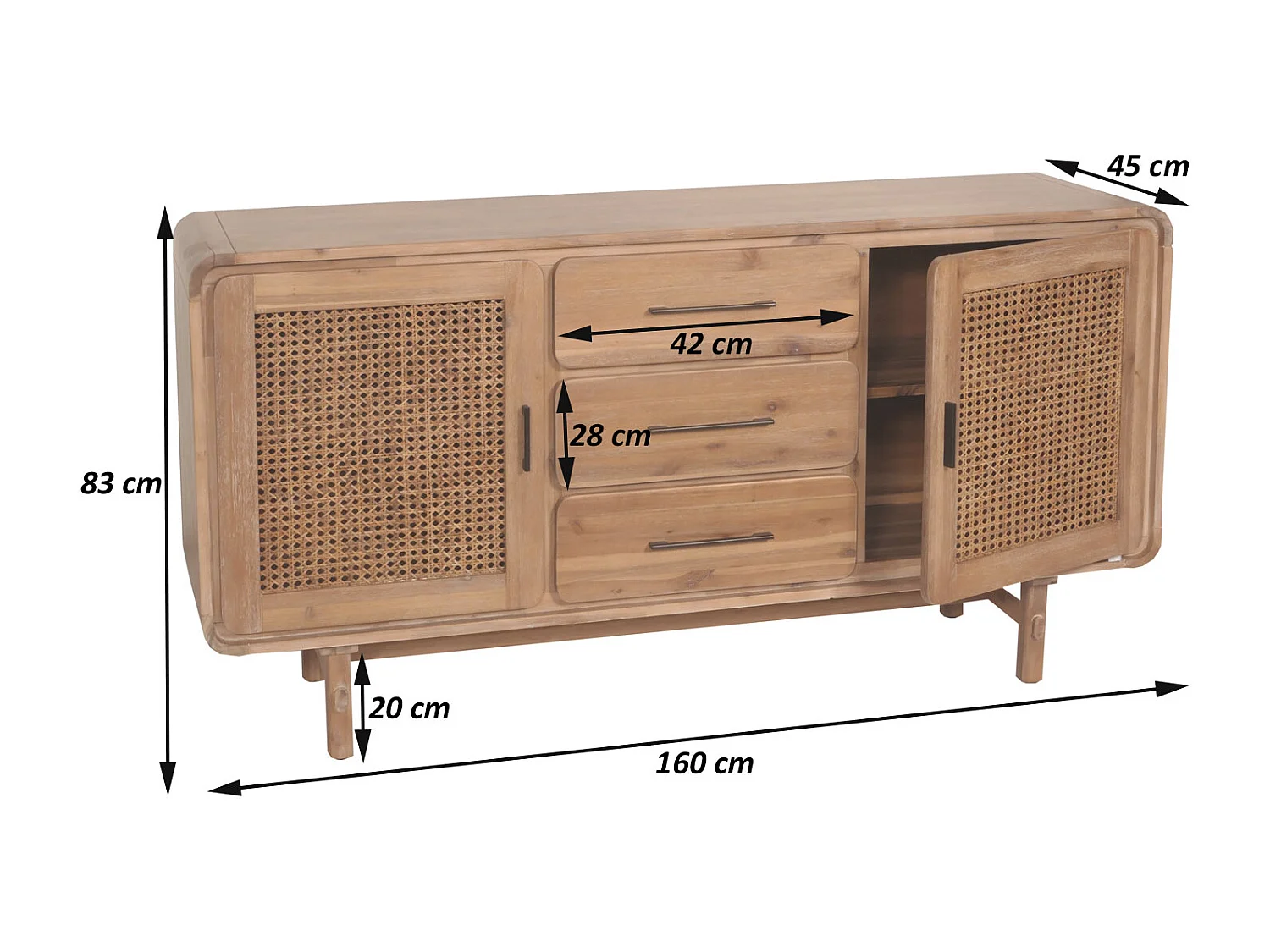 Sideboard MCW-M47, Schrank Kommode Highboard, Staufächer Schublade, Rattan Akazie Massiv-Holz gebeizt 83x160x45cm 47kg