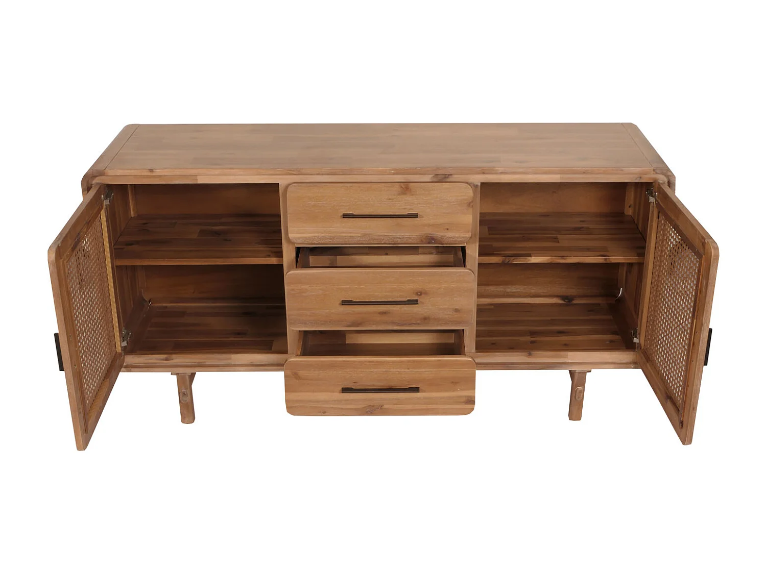 Sideboard MCW-M47, Schrank Kommode Highboard, Staufächer Schublade, Rattan Akazie Massiv-Holz gebeizt 83x160x45cm 47kg