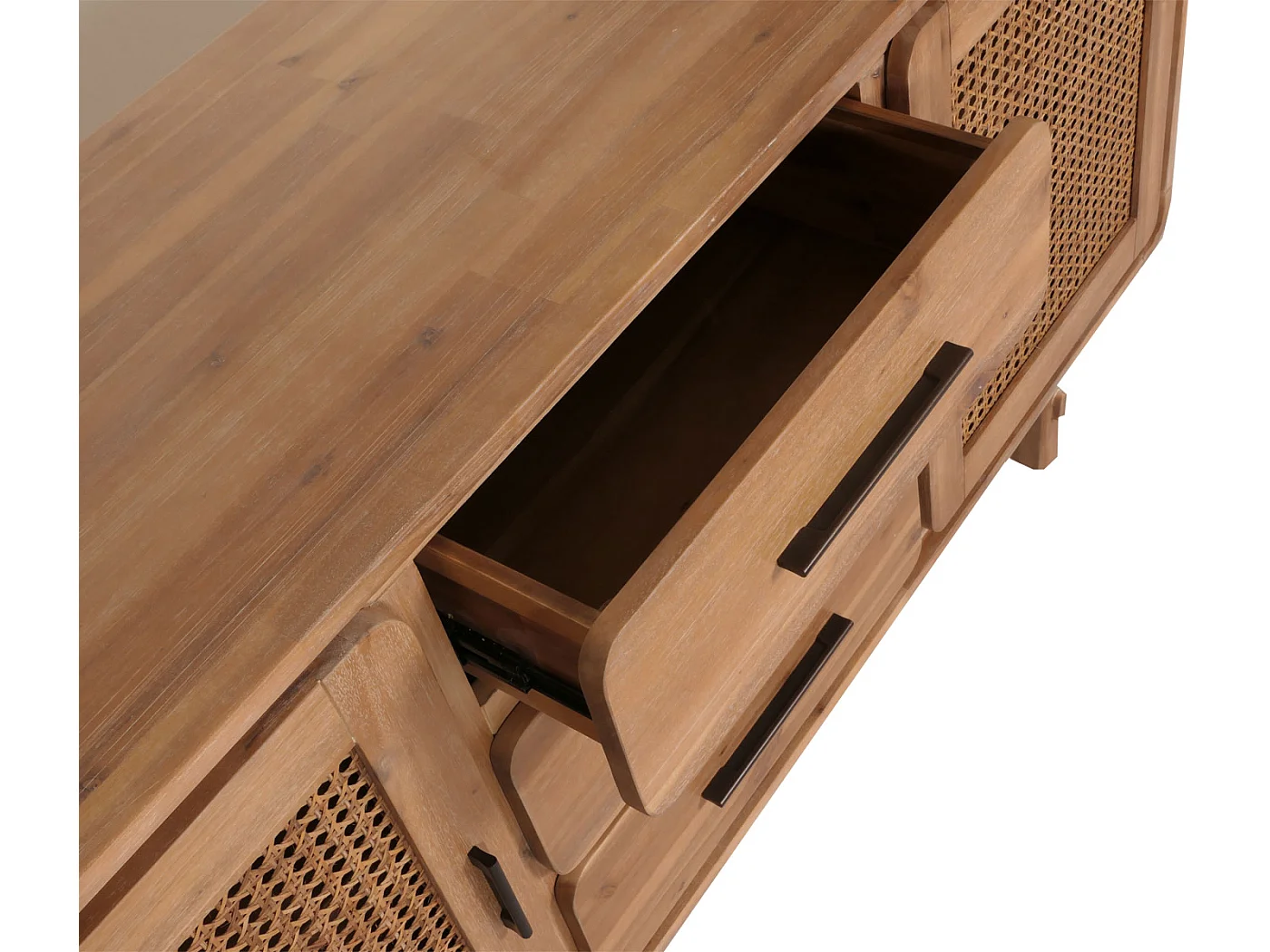 Sideboard MCW-M47, Schrank Kommode Highboard, Staufächer Schublade, Rattan Akazie Massiv-Holz gebeizt 83x160x45cm 47kg