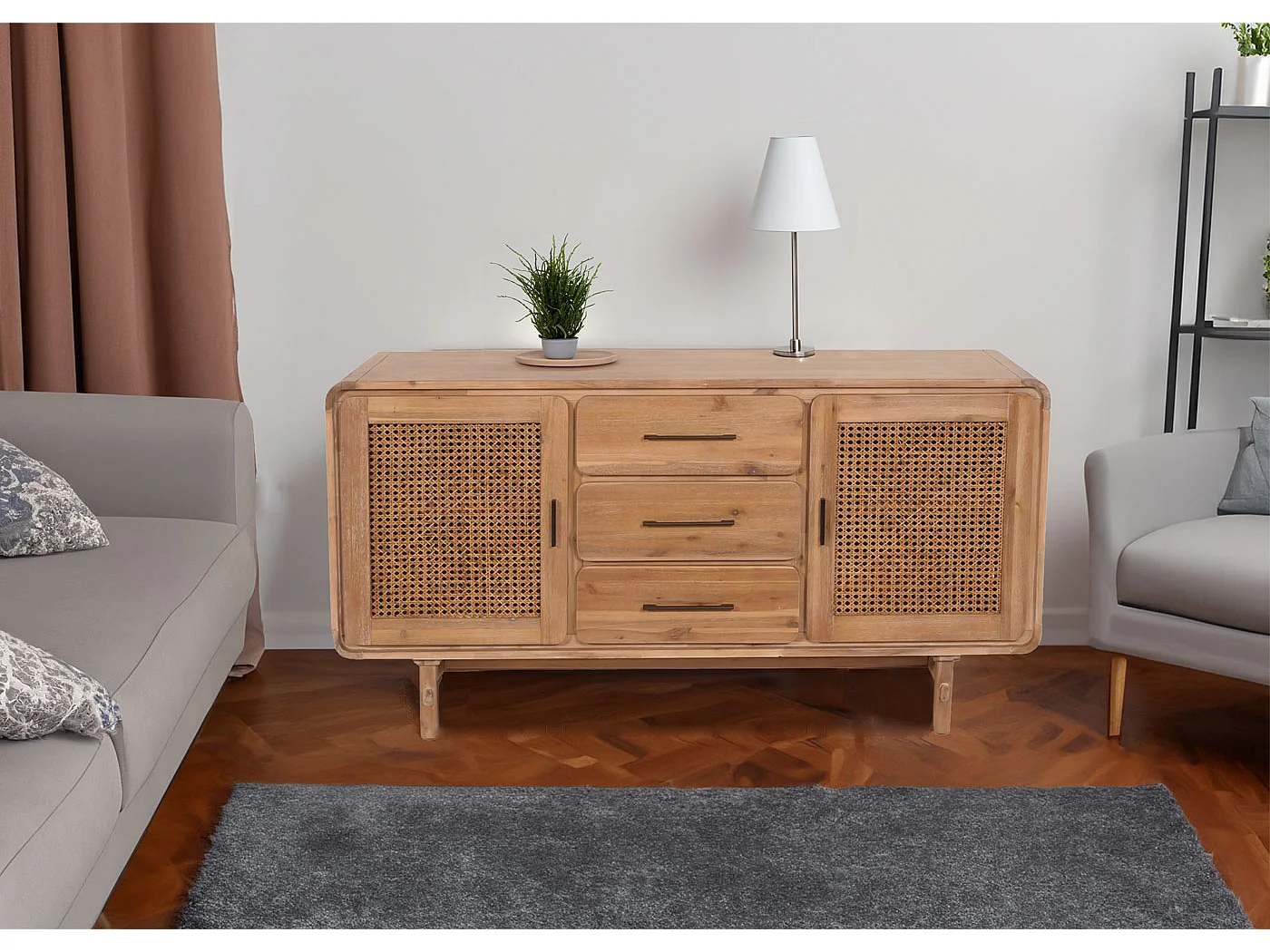 Sideboard MCW-M47, Schrank Kommode Highboard, Staufächer Schublade, Rattan Akazie Massiv-Holz gebeizt 83x160x45cm 47kg