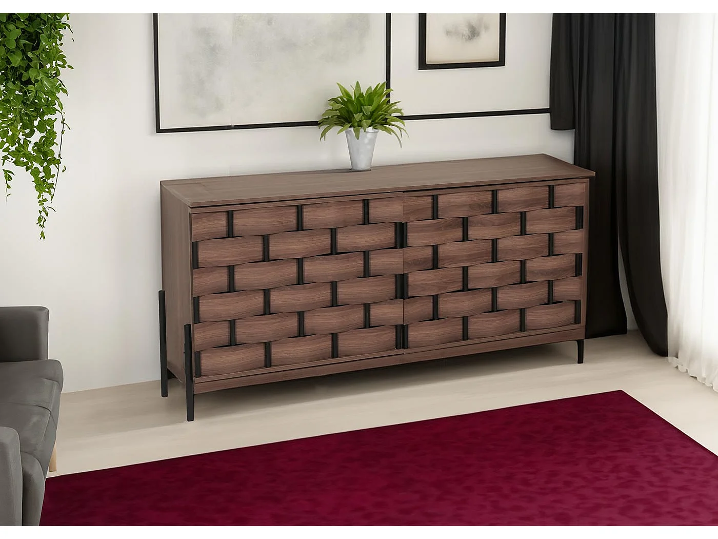 Sideboard MCW-M44, Kommode Schrank Anrichte, 3D-Flecht-Design Push-to-open Türen 152x80x40cm, braun