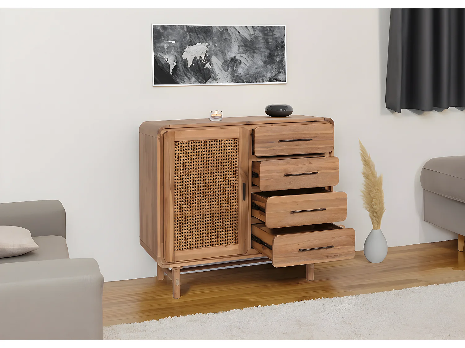 Credenza cassettiera highboard vintage MCW-M47 101x109x45cm rattan legno acacia teak