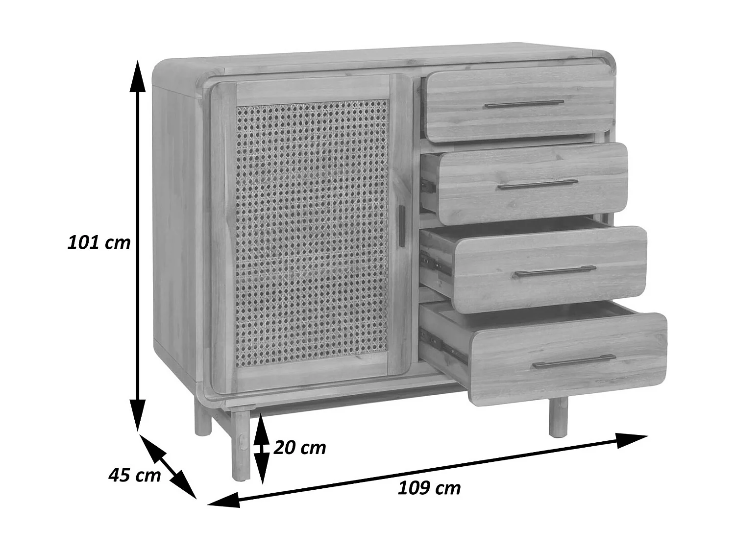 Credenza cassettiera highboard vintage MCW-M47 101x109x45cm rattan legno acacia teak