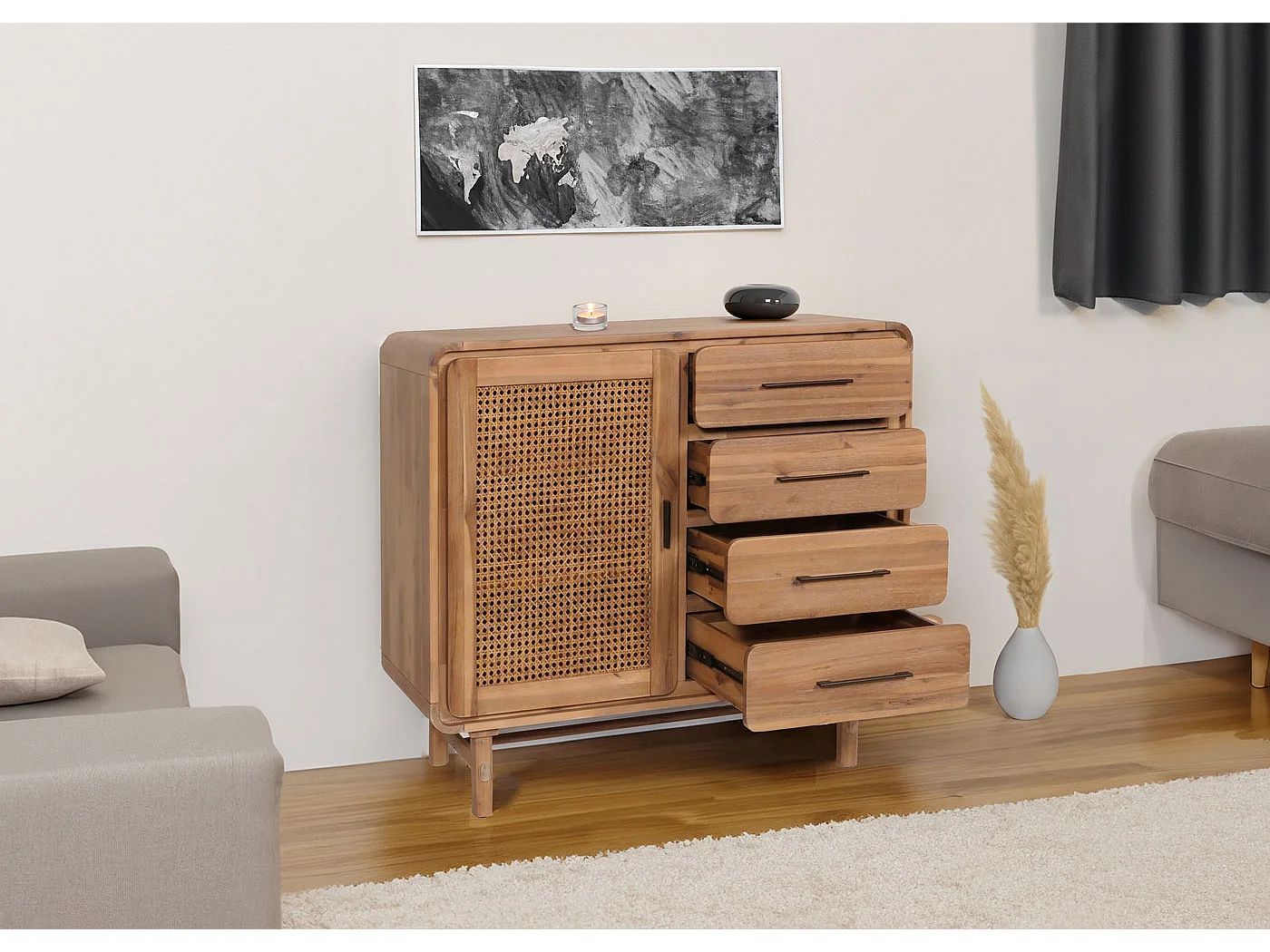 Credenza cassettiera highboard vintage MCW-M47 101x109x45cm rattan legno acacia teak