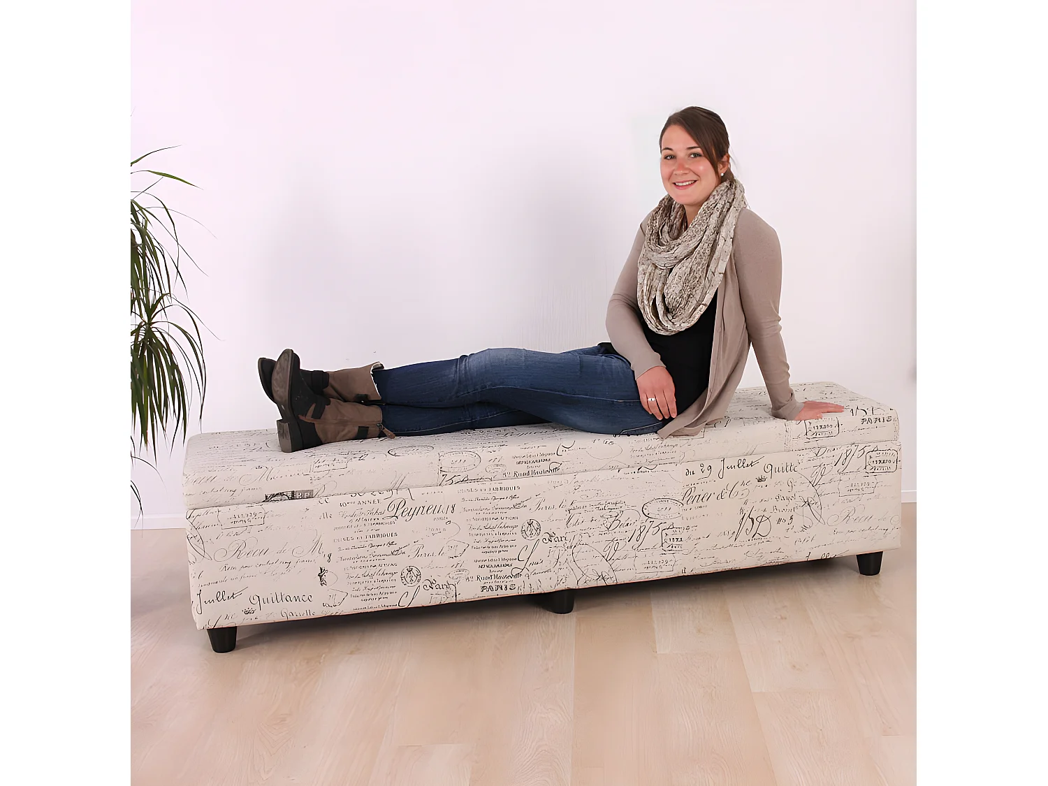 Aufbewahrungs-Truhe Kriens XXL, Schriftzug, creme