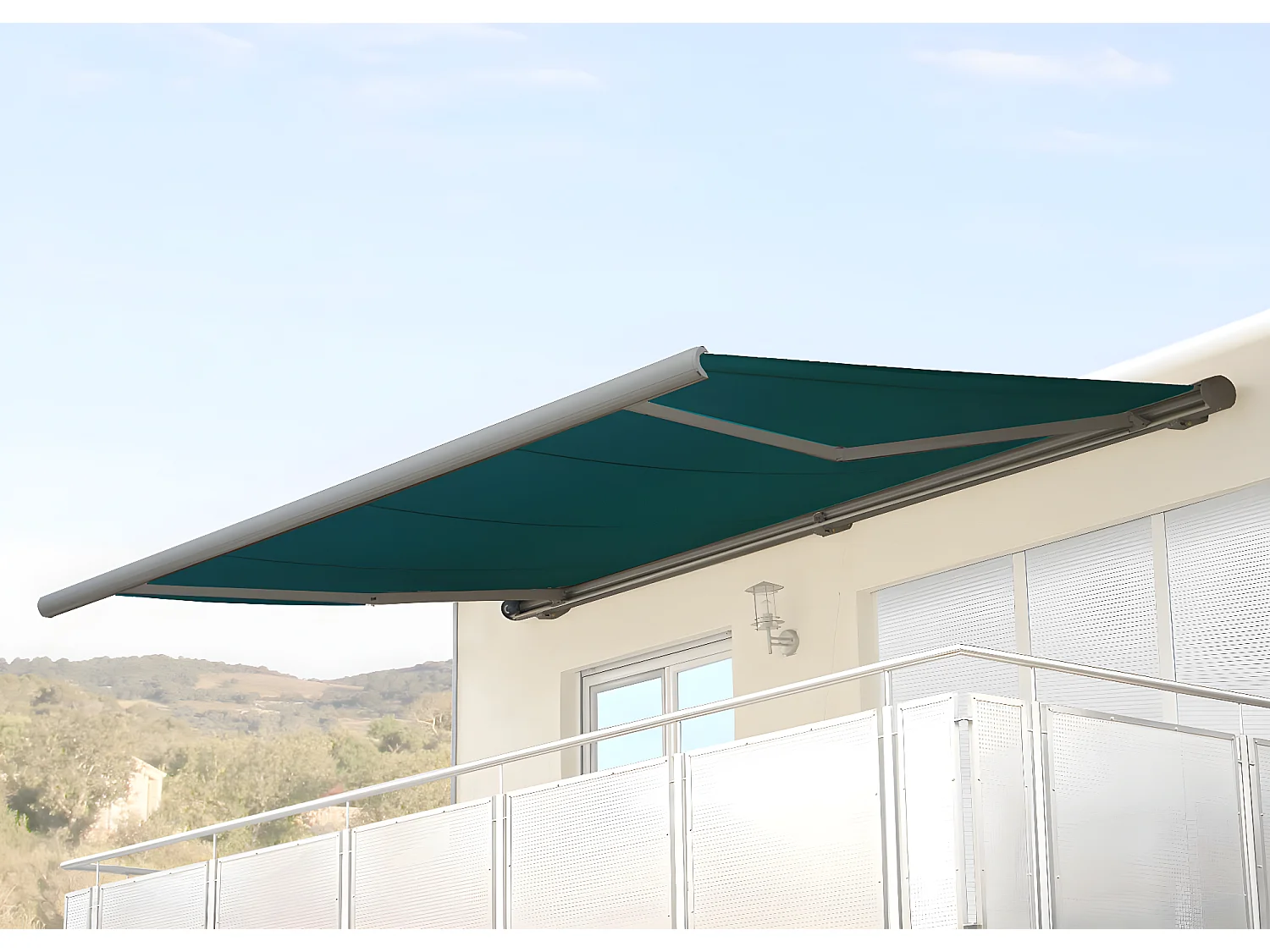 Elektrische Kassettenmarkise H123, Polyester blau-grün, Rahmen grau