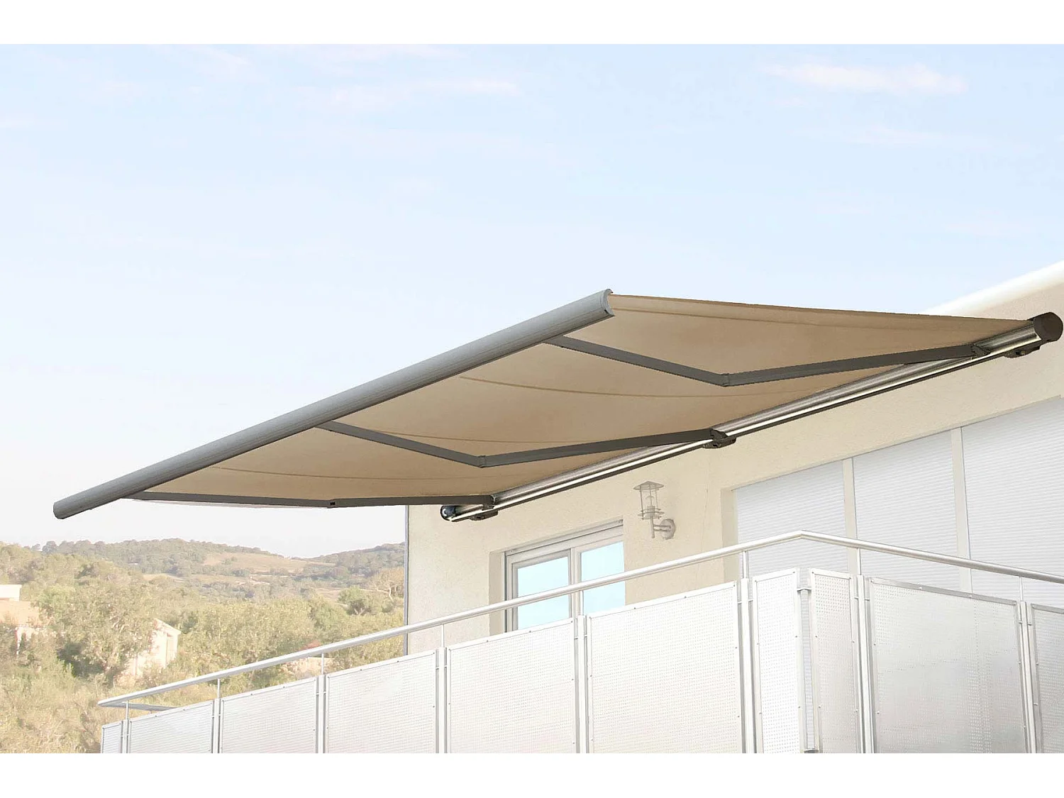 Elektrische Kassettenmarkise MCW-H27, Polyester Creme, Rahmen grau