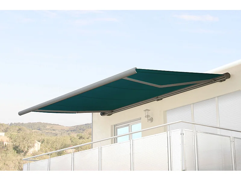 Elektrische Kassettenmarkise H122, Polyester blau-grün, Rahmen grau