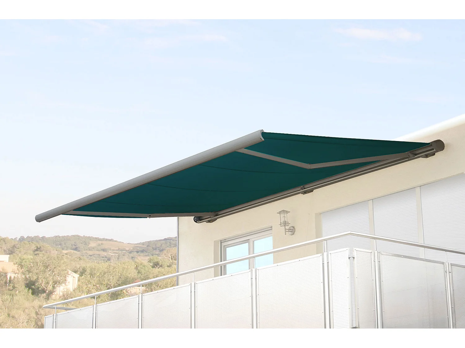 Elektrische Kassettenmarkise H122, Polyester blau-grün, Rahmen grau