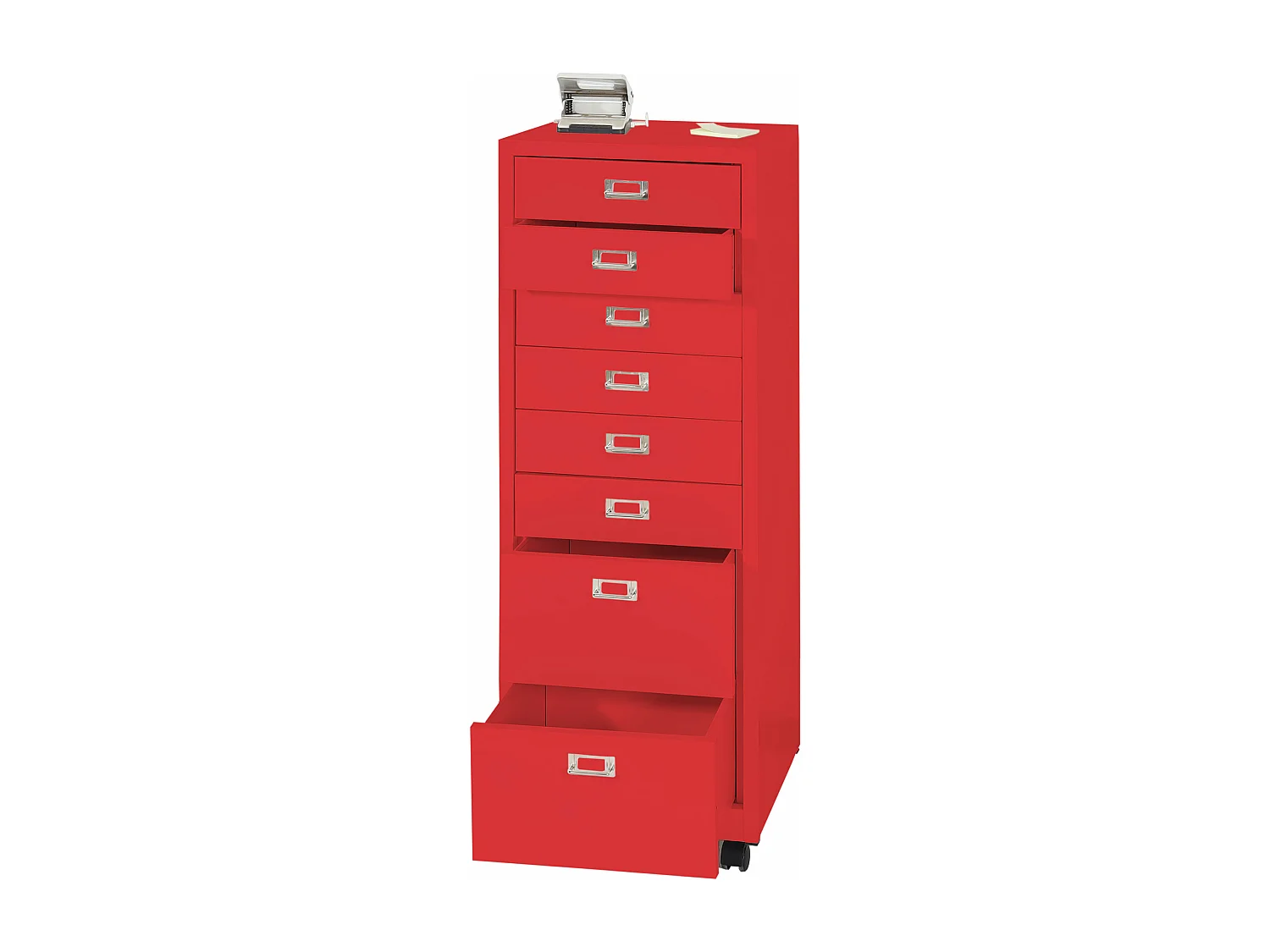 Cassettiera armadietto ufficio con ruote MCW-L49 acciaio 8 cassetti 115x40x41cm rosso