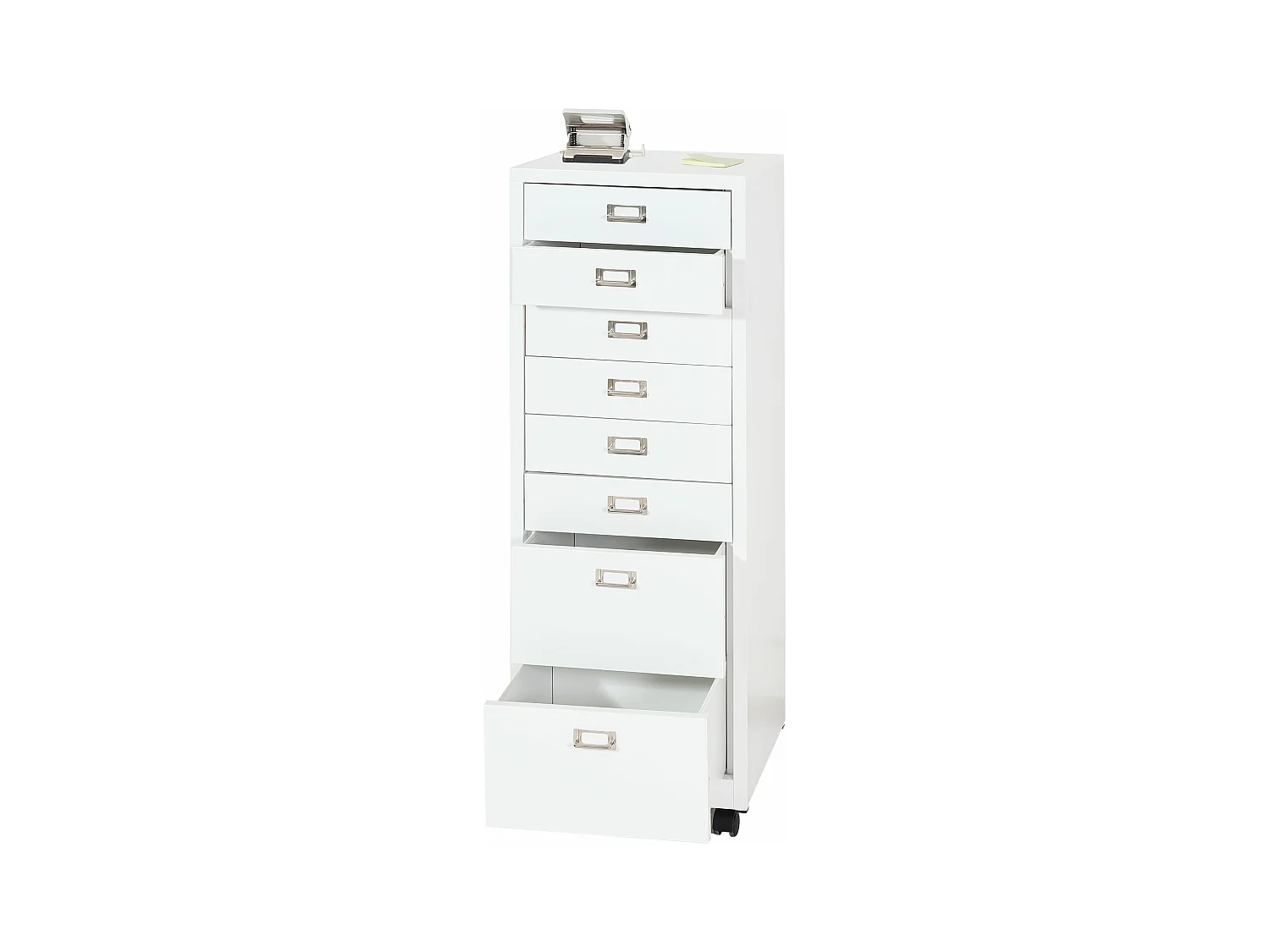 Cassettiera armadietto ufficio con ruote MCW-L49 acciaio 8 cassetti 115x40x41cm bianco