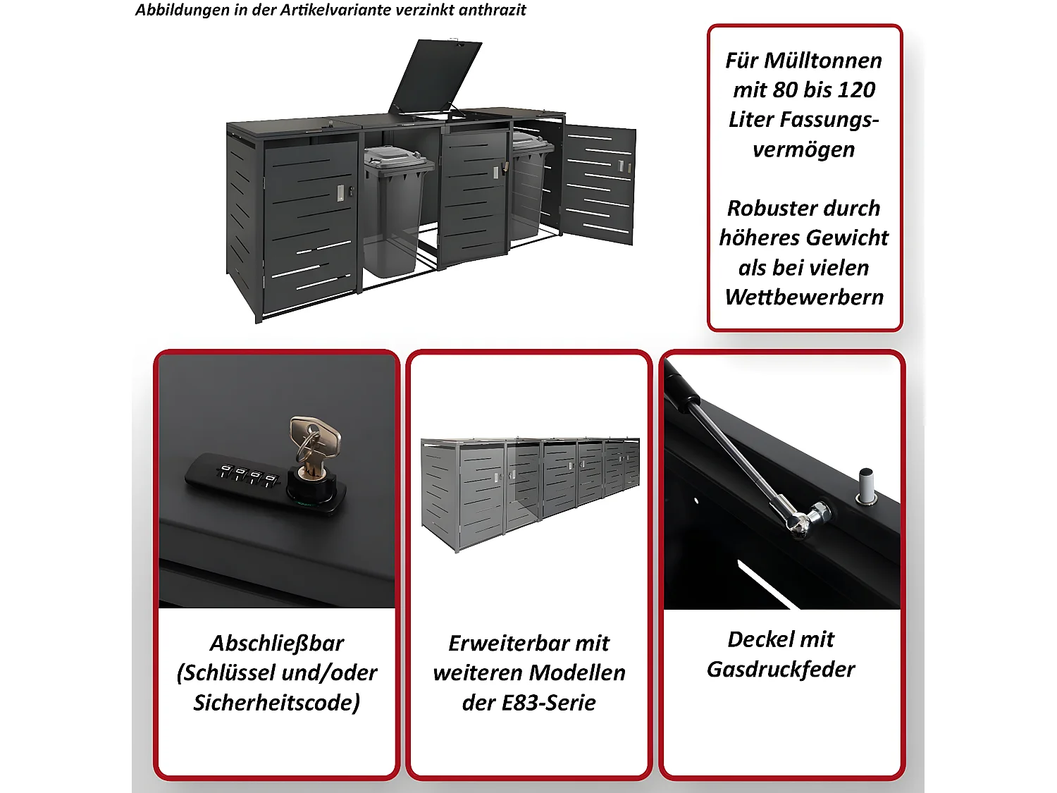 4x copribidoni box spazzatura rifiuti MCW-E83 80x263x116,5cm acciaio zincato antracite