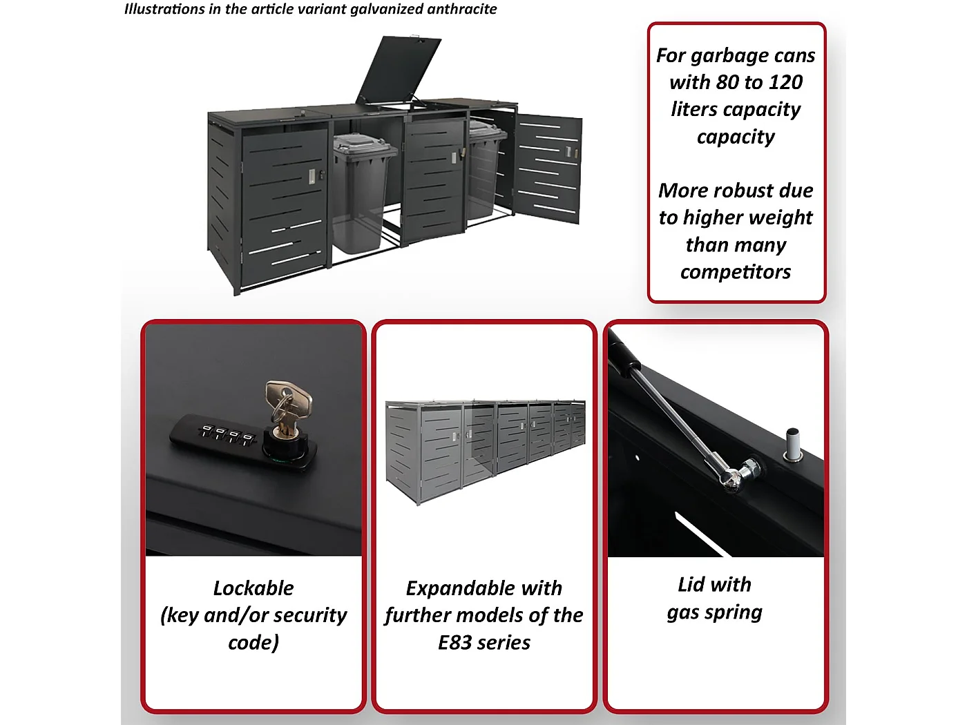 4x copribidoni box spazzatura rifiuti MCW-E83 80x263x116,5cm acciaio zincato antracite
