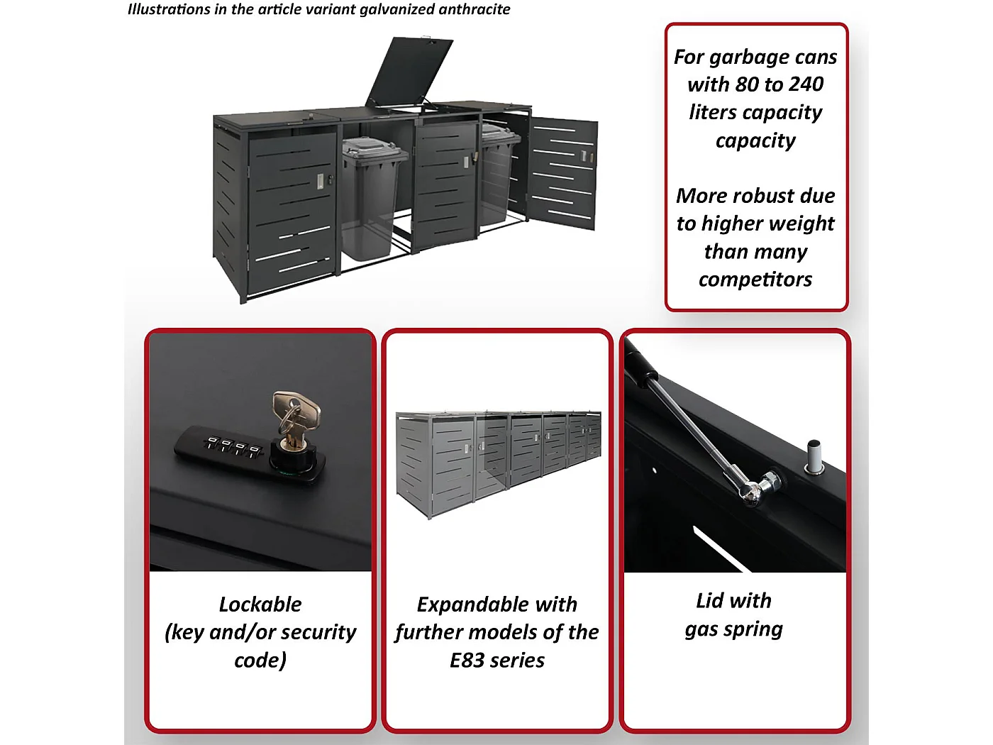MCW-E83 bin enclosure for 4 bins,  anthracite, steel 108kg