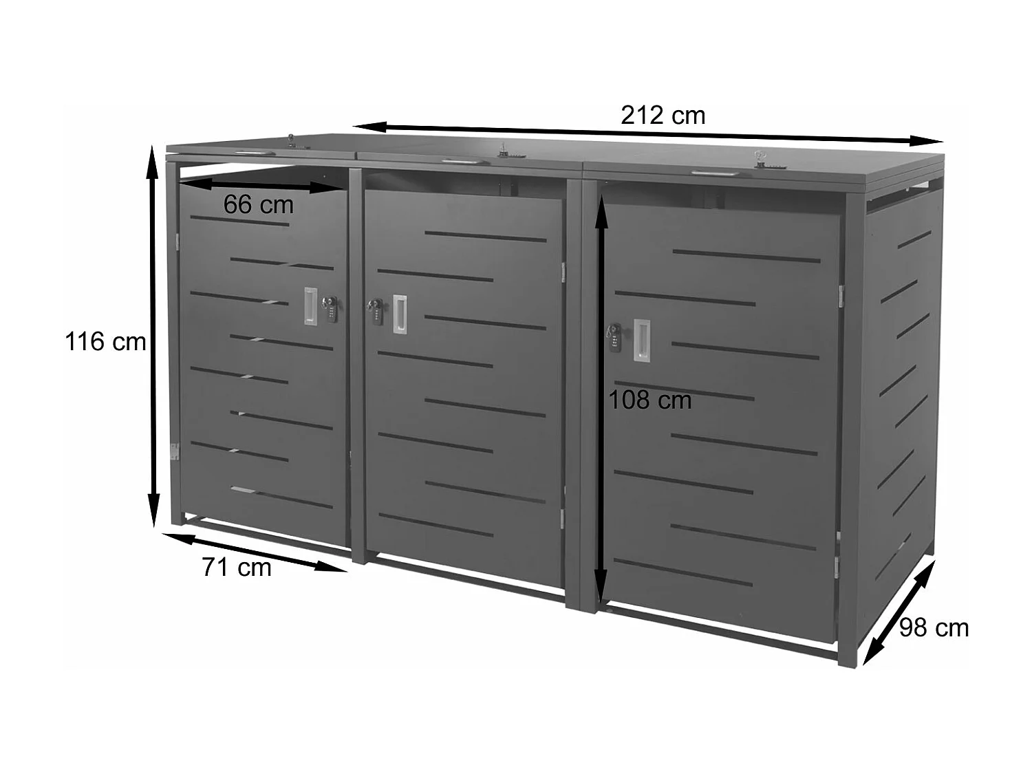 3x copribidoni box spazzatura rifiuti MCW-E83 98x212x116cm acciaio zincato antracite