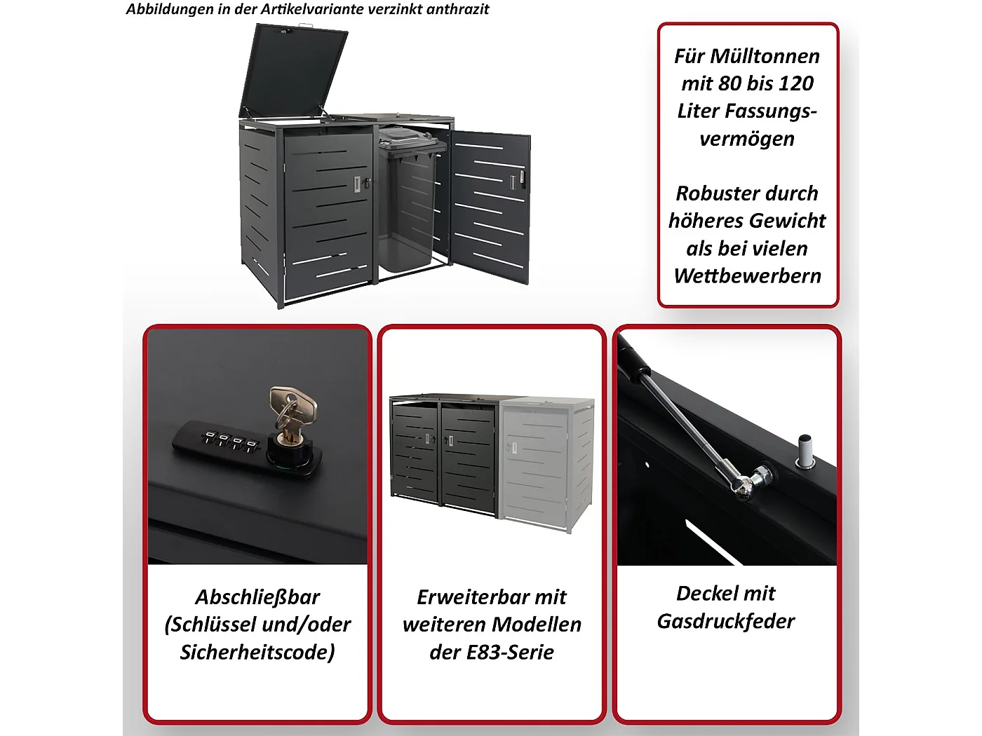 2er-Mülltonnenverkleidung MCW-E83, Anthrazit, Stahl 54kg