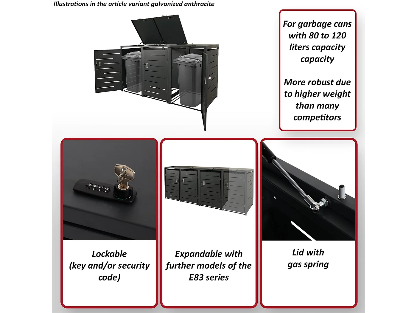 3x copribidoni box spazzatura rifiuti MCW-E83 80x197x116,5cm acciaio zincato antracite