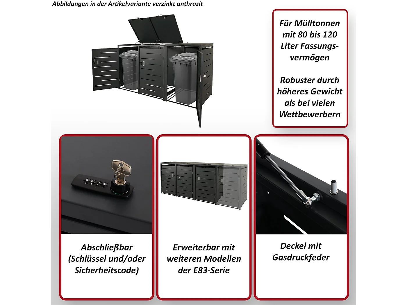 3er-Mülltonnenverkleidung MCW-E83, Anthrazit, Stahl 75kg