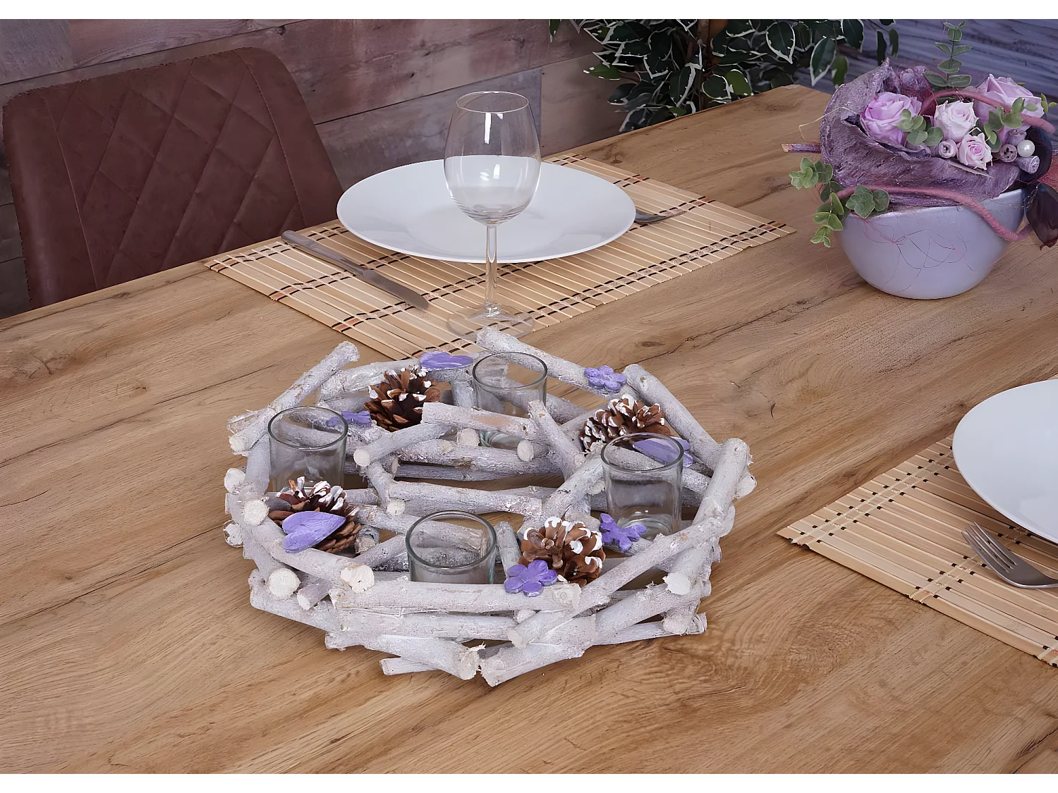 Portacandele portalumini circolare avvento natalizio legno 30x30x9cm