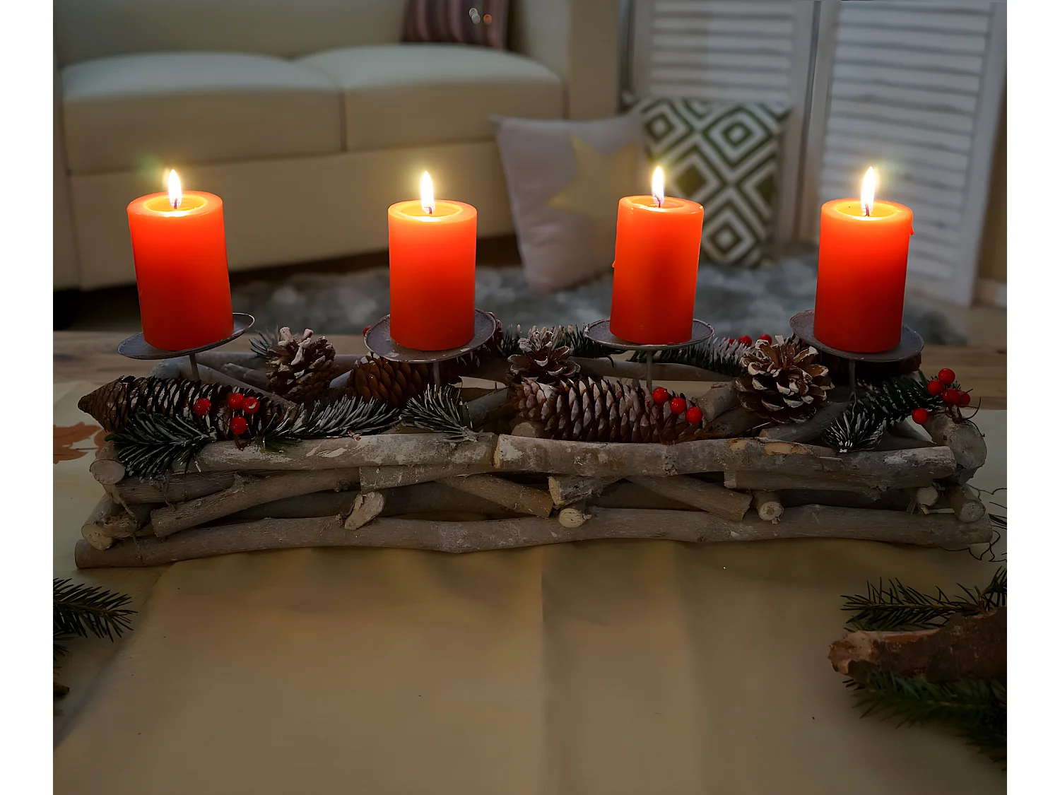 Adventskranz länglich Holz Kerzen rot, Mit Kerzen, rot