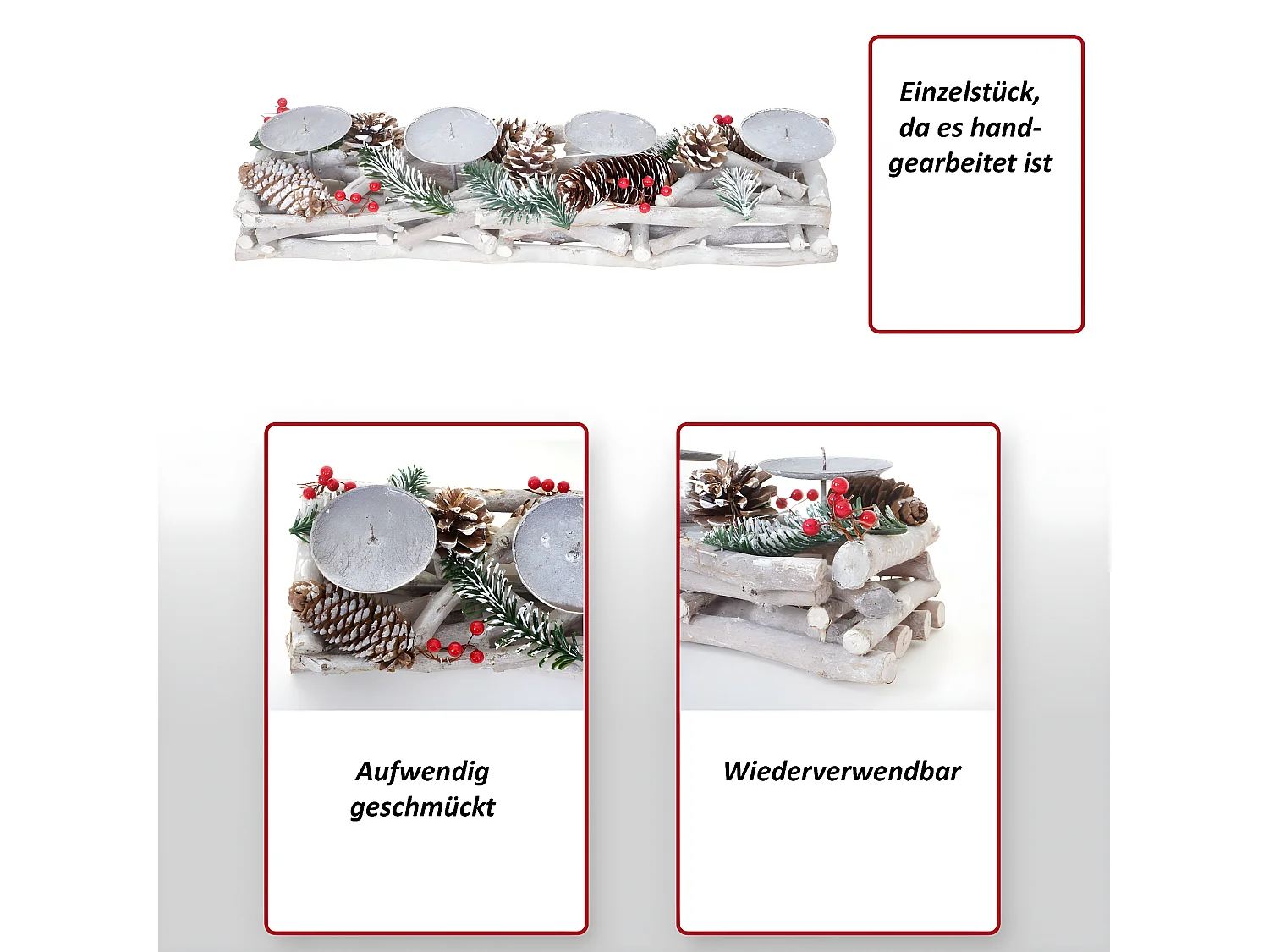 Adventskranz länglich Holz Kerzen rot, Mit Kerzen, rot