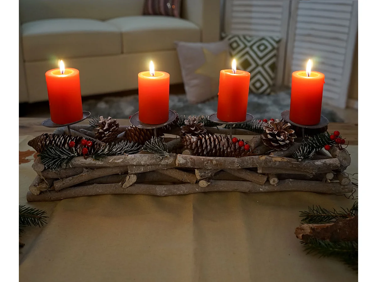 Adventskranz länglich Holz Kerzen rot, Mit Kerzen, rot