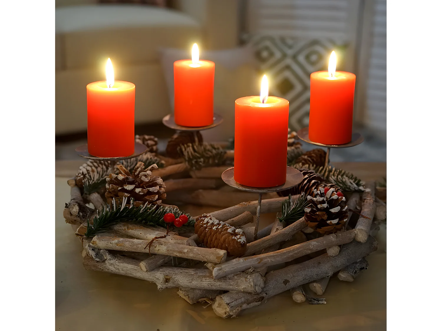 Adventskranz rund Holz Kerzen rot, Mit Kerzen, rot