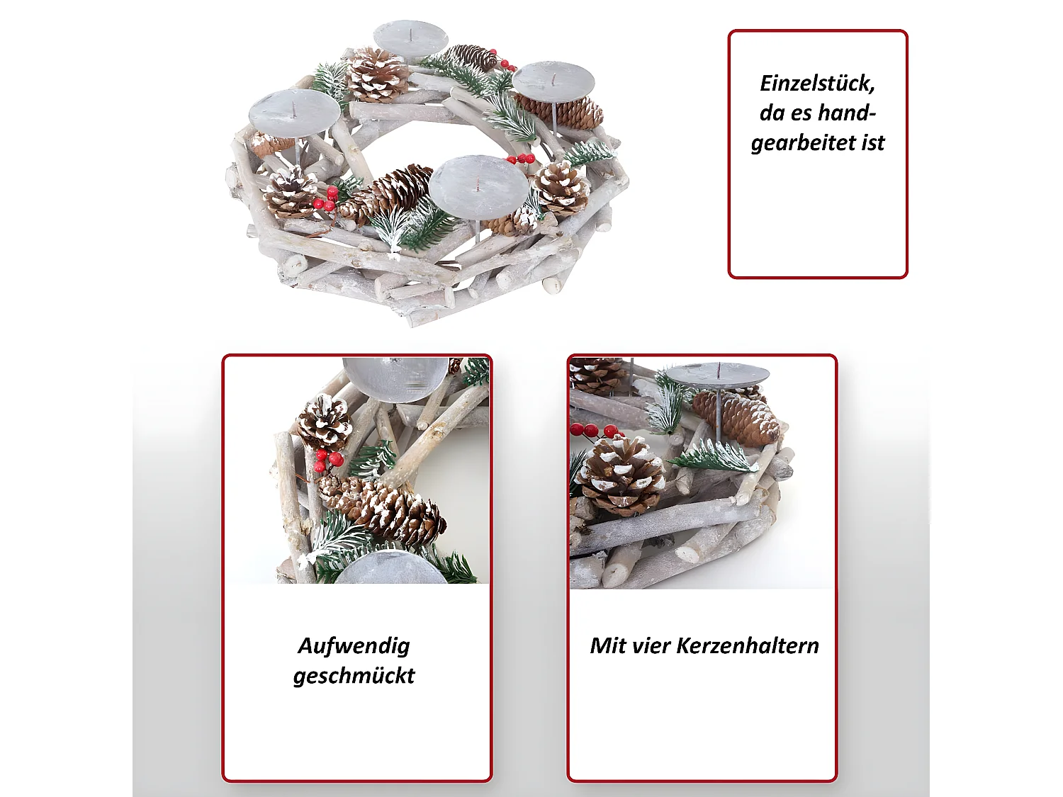 Adventskranz rund Holz Kerzen rot, Mit Kerzen, rot