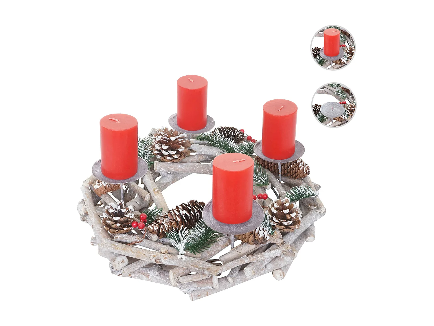 Adventskranz rund Holz Kerzen rot, Mit Kerzen, rot