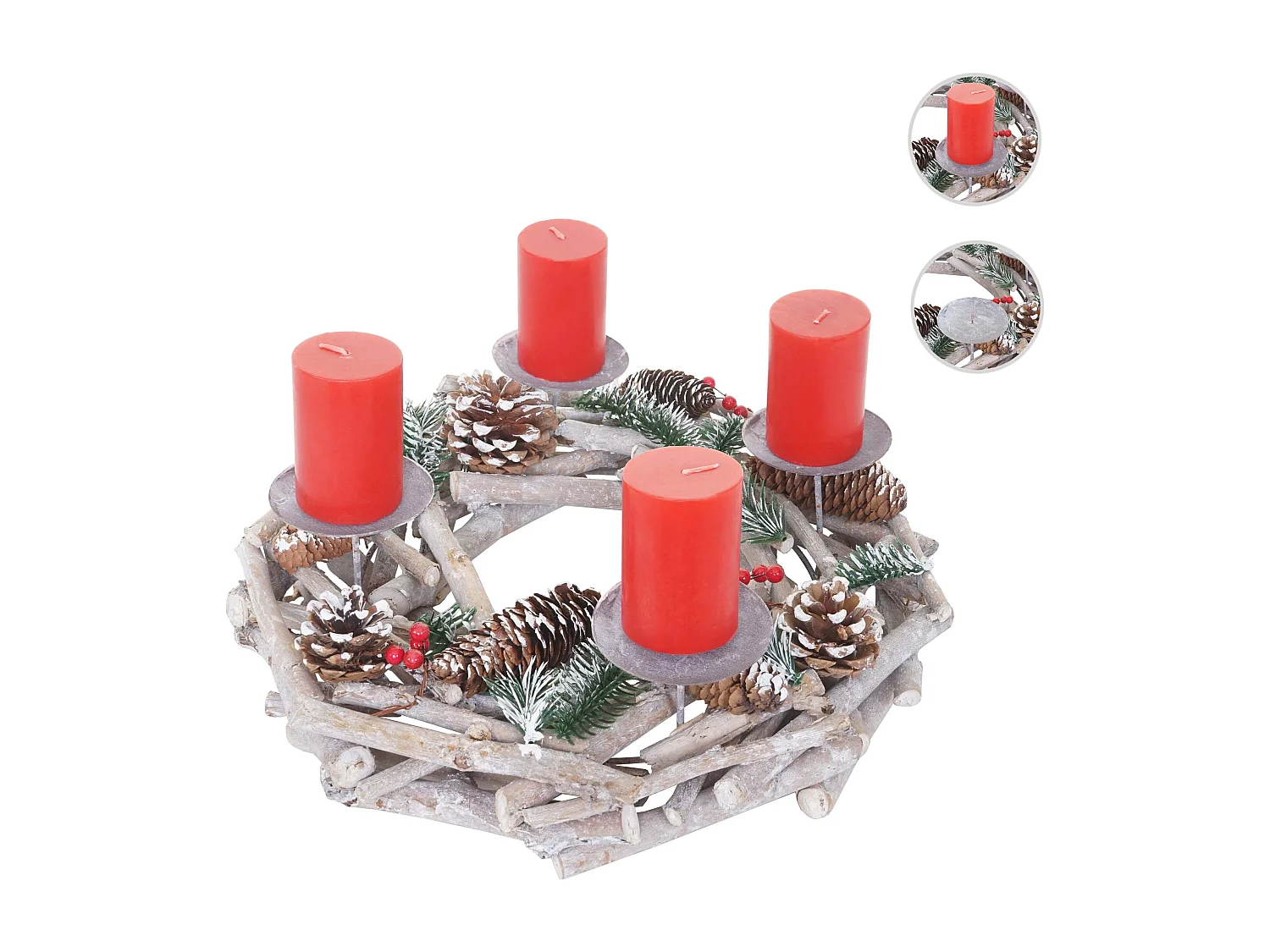 Adventskranz rund Holz Kerzen rot, Mit Kerzen, rot