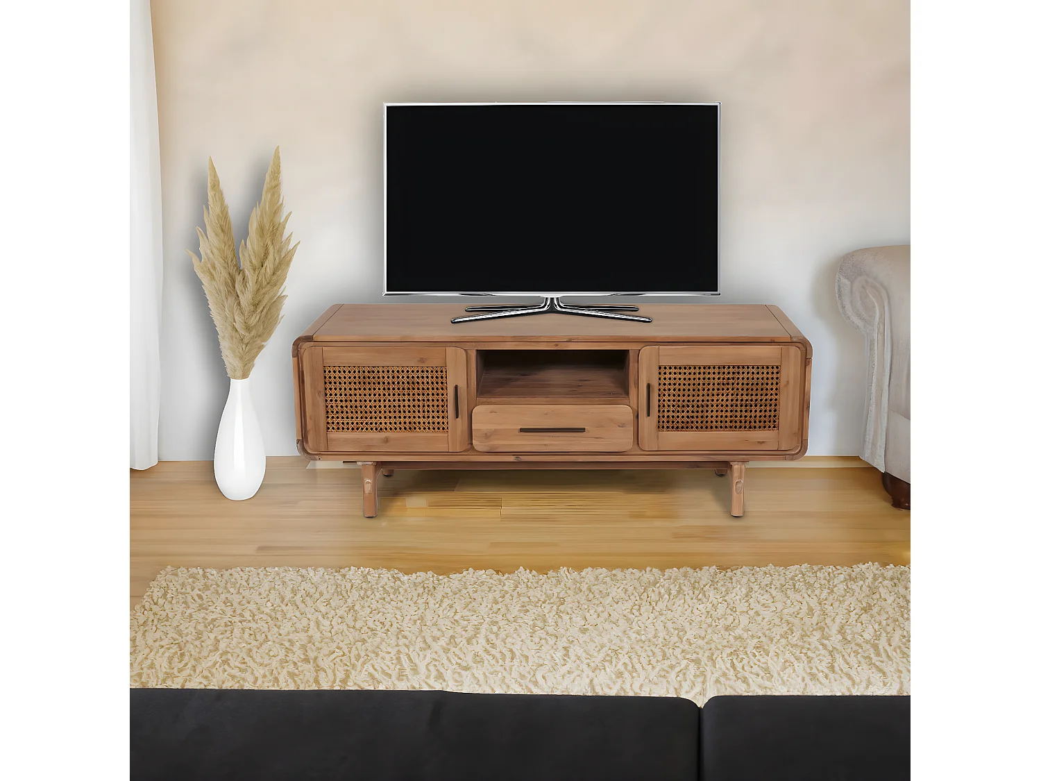 Porta TV lowboard mobile salotto vintage MCW-M47 60x160x45cm rattan legno acacia teak