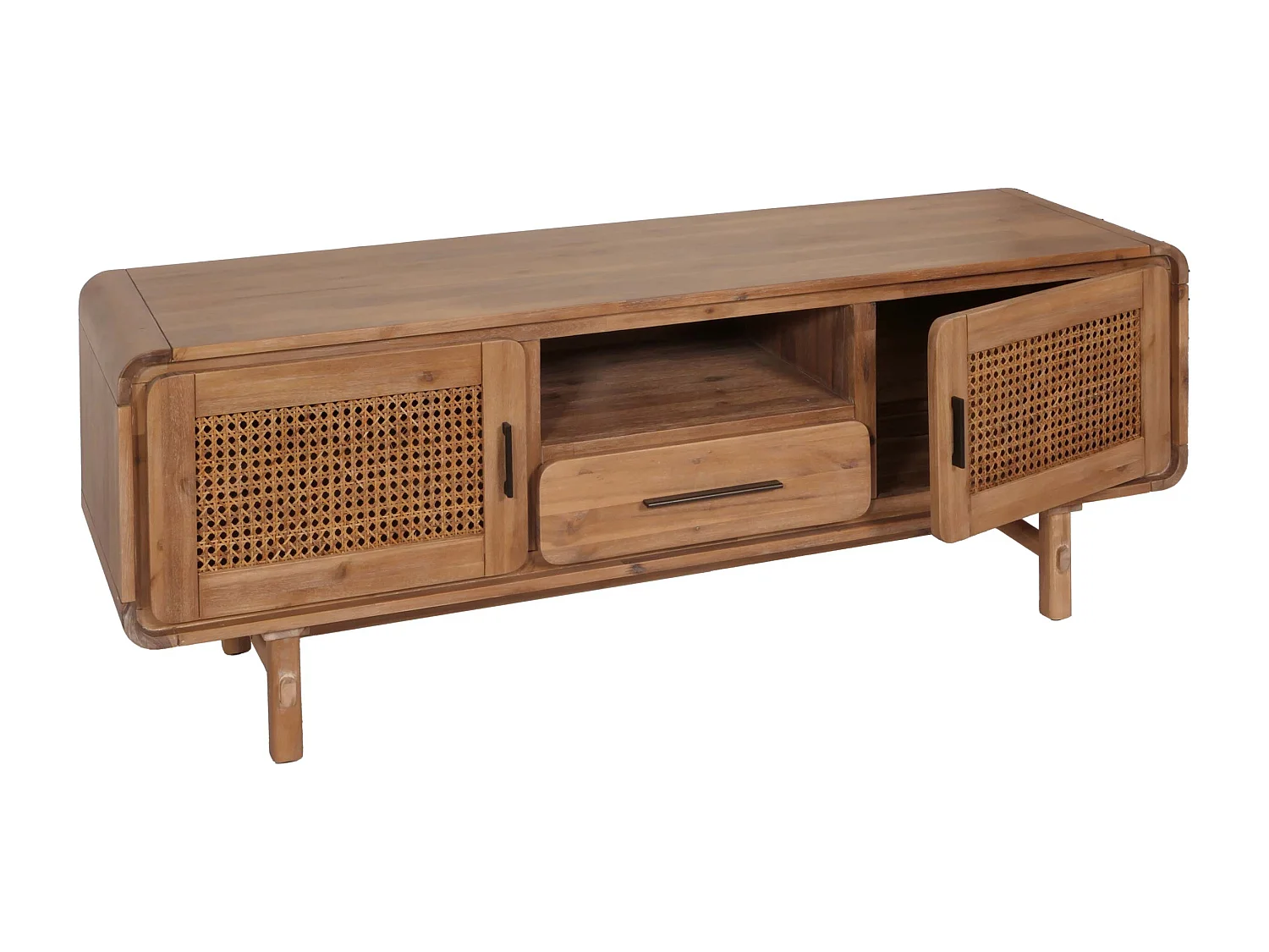 TV-Rack MCW-M47, Fernsehtisch Lowboard Kommode, Staufächer Schublade, Rattan Akazie Massiv-Holz gebeizt 160cm 32kg
