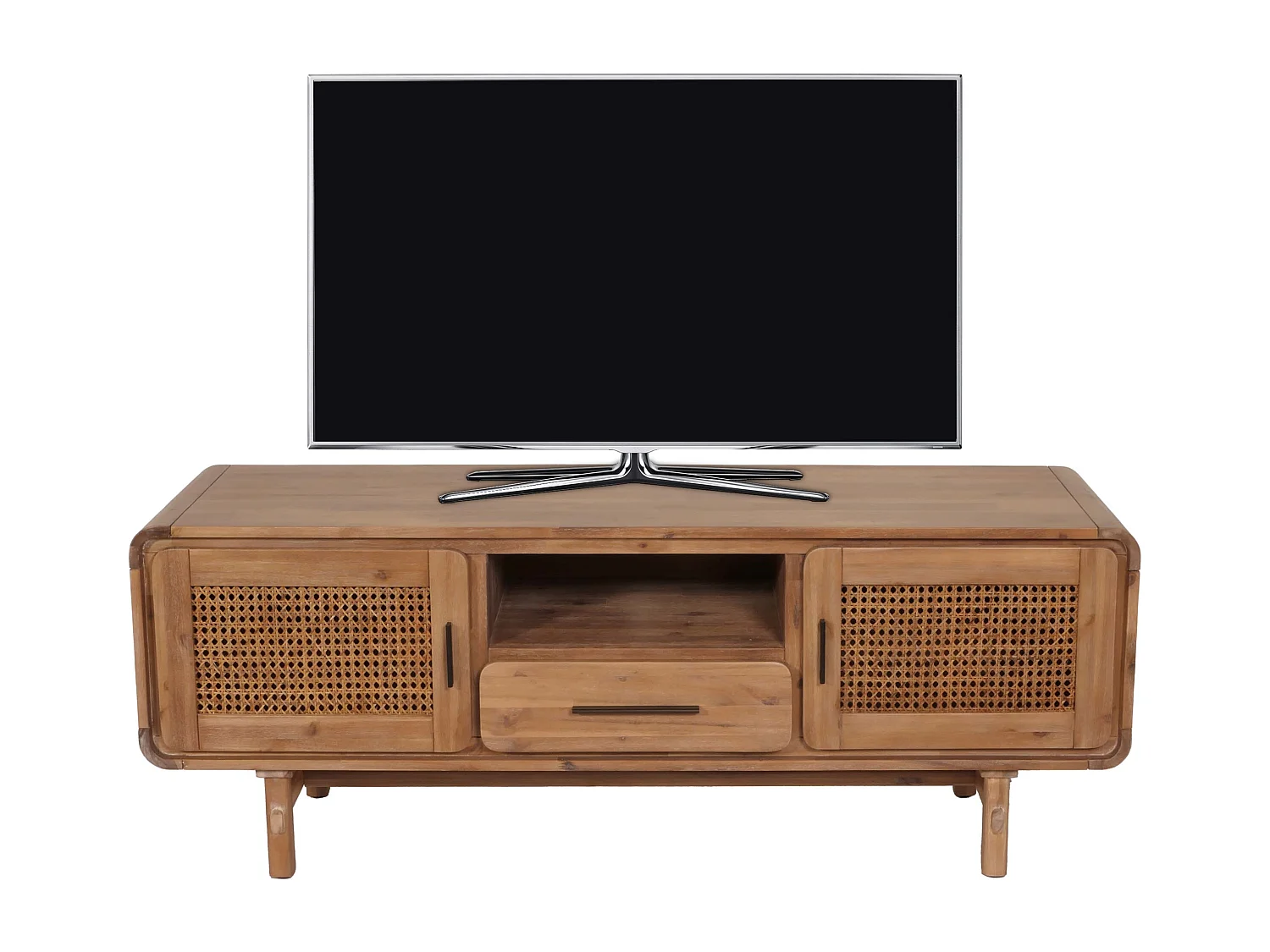 TV-Rack MCW-M47, Fernsehtisch Lowboard Kommode, Staufächer Schublade, Rattan Akazie Massiv-Holz gebeizt 160cm 32kg