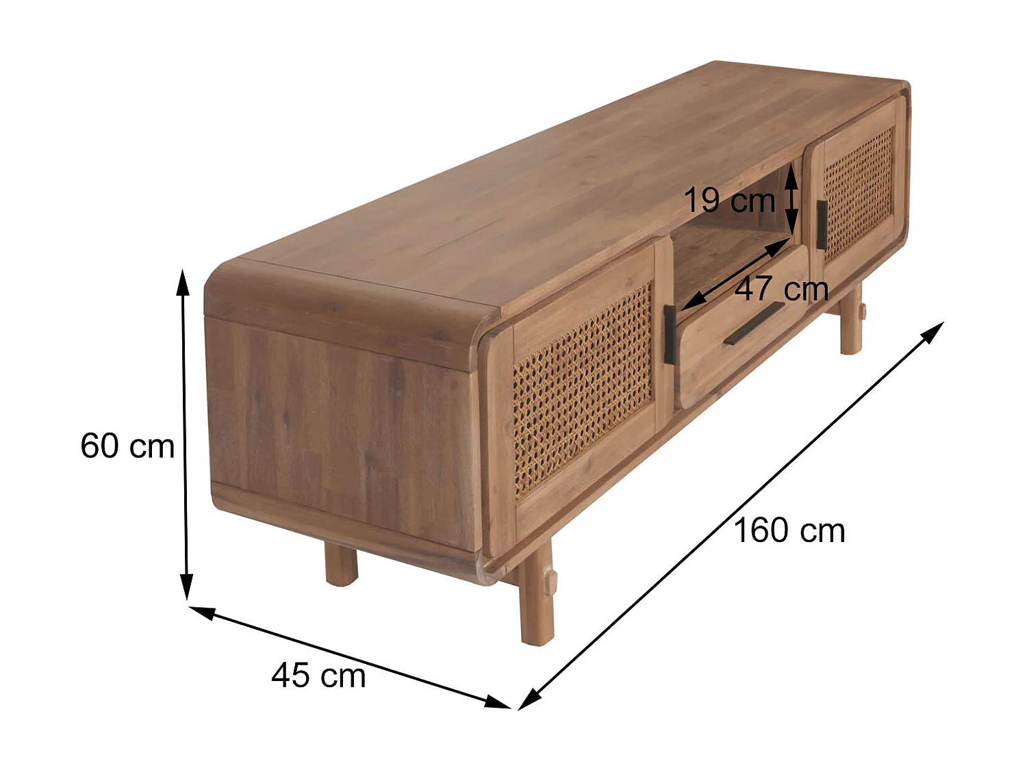 TV-Rack MCW-M47, Fernsehtisch Lowboard Kommode, Staufächer Schublade, Rattan Akazie Massiv-Holz gebeizt 160cm 32kg