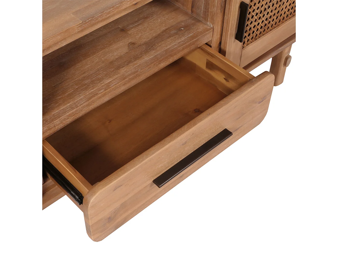 TV-Rack MCW-M47, Fernsehtisch Lowboard Kommode, Staufächer Schublade, Rattan Akazie Massiv-Holz gebeizt 160cm 32kg