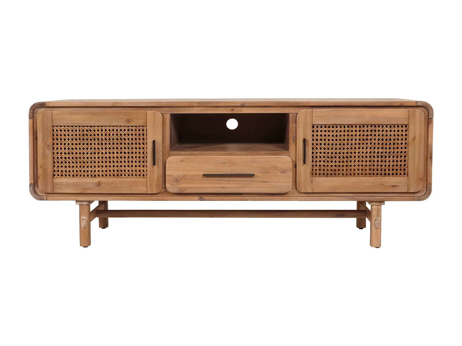 TV-Rack MCW-M47, Fernsehtisch Lowboard Kommode, Staufächer Schublade, Rattan Akazie Massiv-Holz gebeizt 160cm 32kg