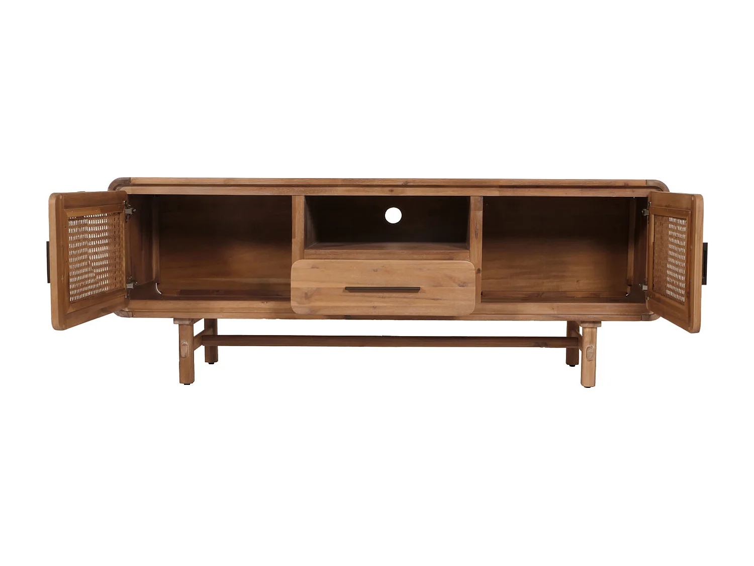 TV-Rack MCW-M47, Fernsehtisch Lowboard Kommode, Staufächer Schublade, Rattan Akazie Massiv-Holz gebeizt 160cm 32kg