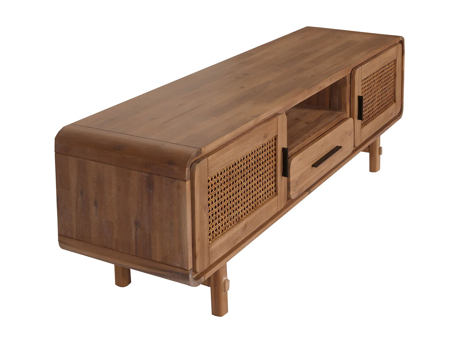 TV-Rack MCW-M47, Fernsehtisch Lowboard Kommode, Staufächer Schublade, Rattan Akazie Massiv-Holz gebeizt 160cm 32kg